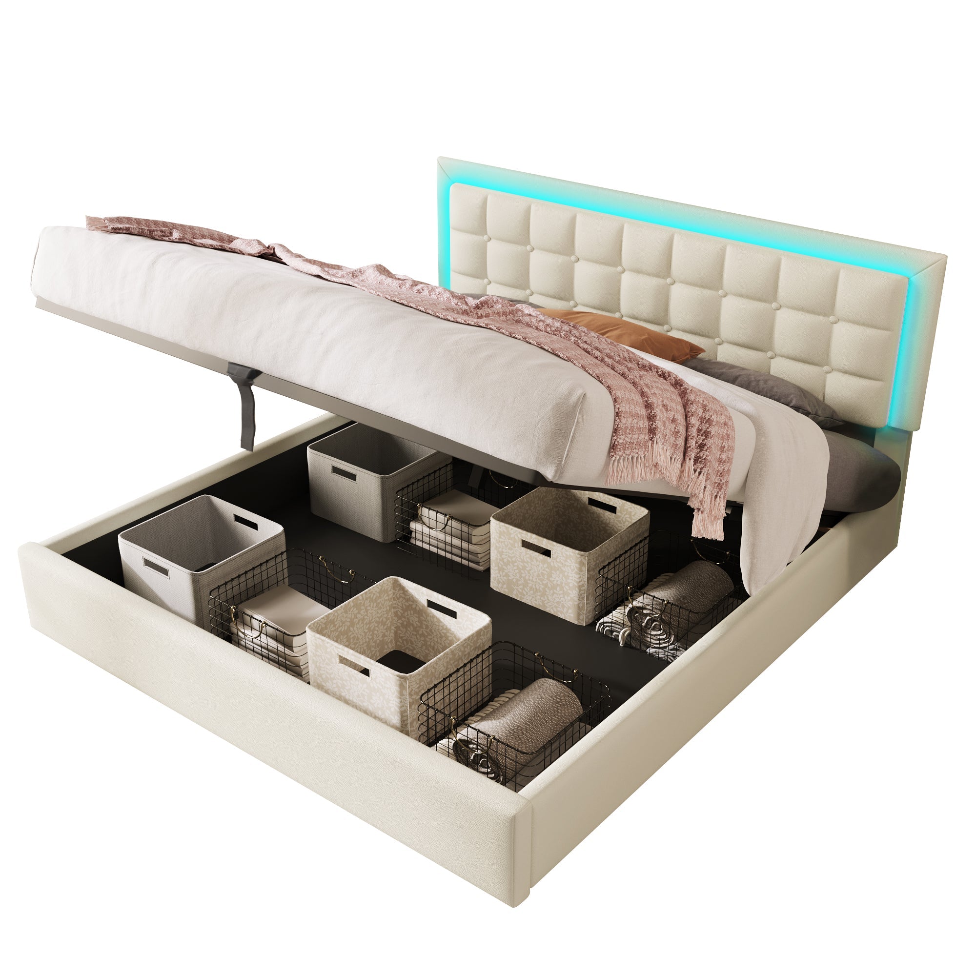 Logidon gestoffeerd bed met lattenbodem en opbergruimte wit 180x200 kunstleer