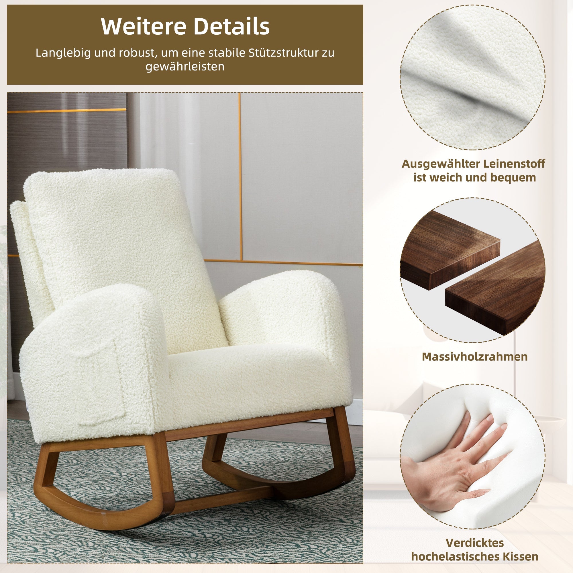Logidon Fluwelen Witte Schommelstoel Mid Century Modern Gestoffeerd