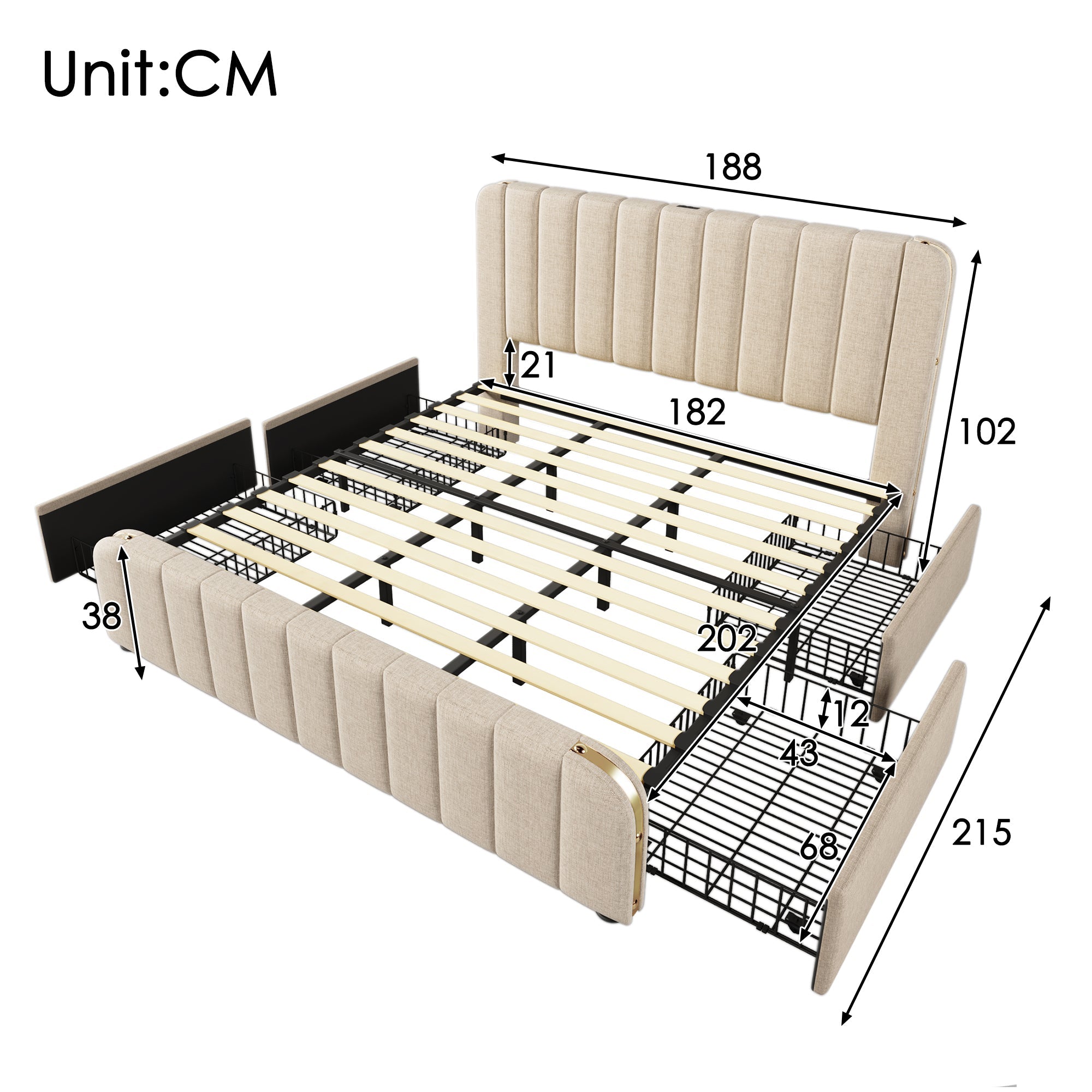 Logidon gestoffeerd bed beige linnen met USB Type C oplaadfunctie 180x200 cm