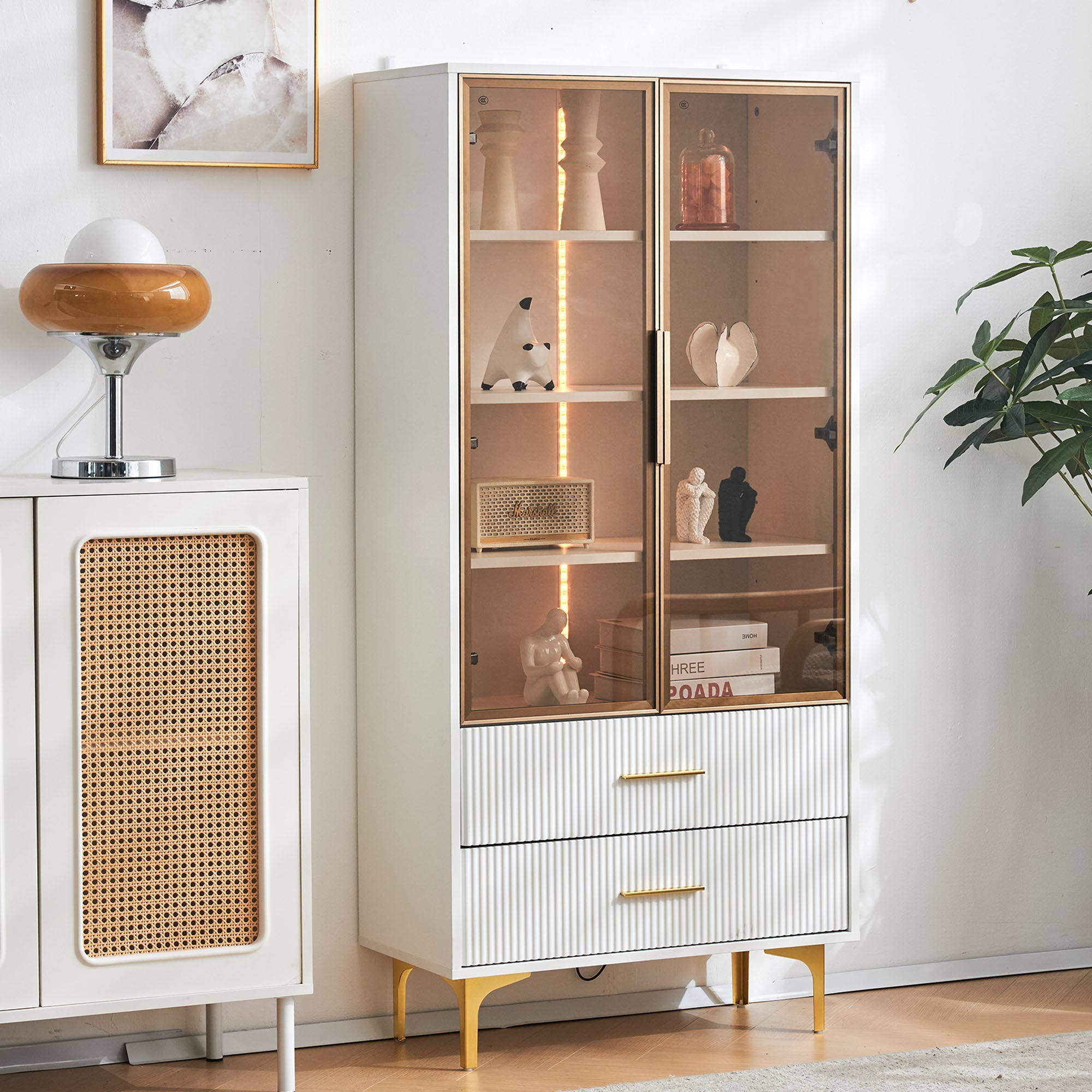 Logidon Elegant White Glass Display Cabinet 70x35x150 cm Teal Glass Doors