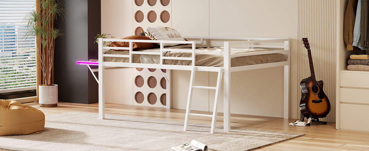 Logidon vlakbed metalen bed 140x200 witte reling LED-lichtstrip