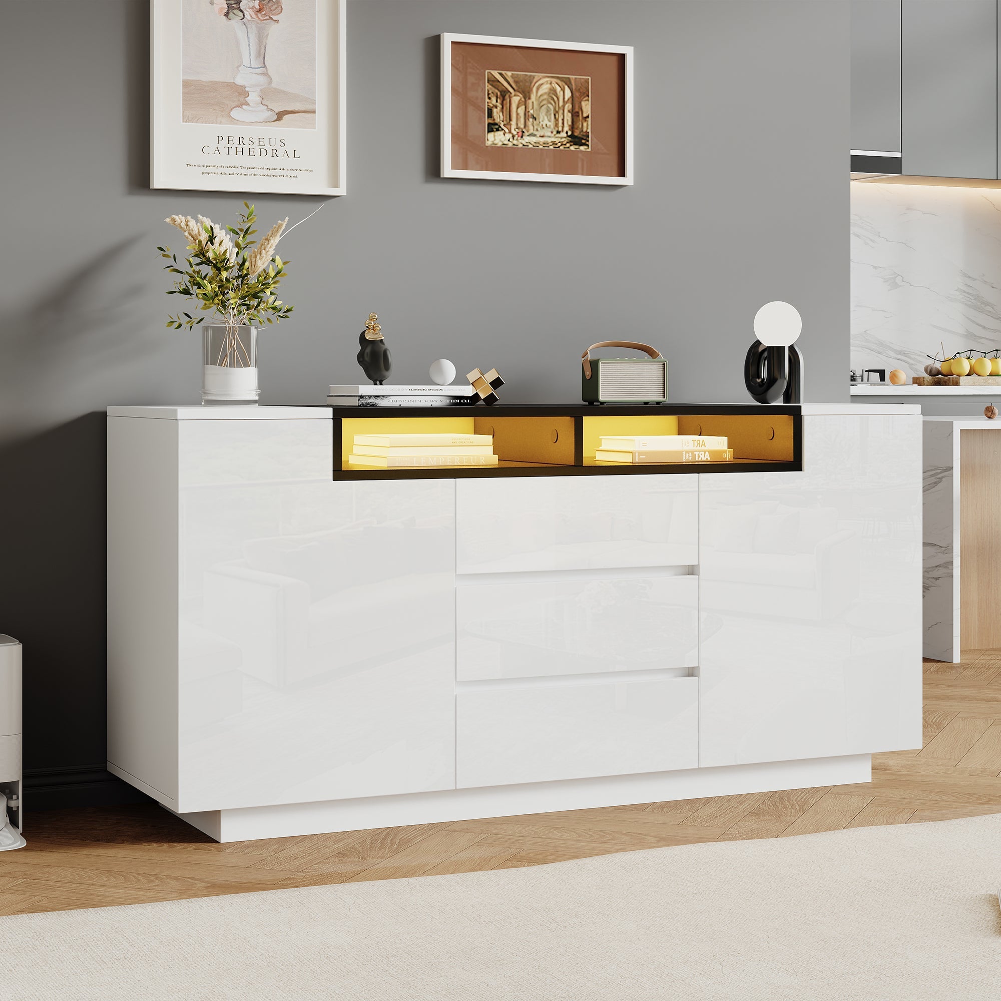 Logidon wit hoogglans dressoir 140 cm met LED, 2 deuren, 3 lades