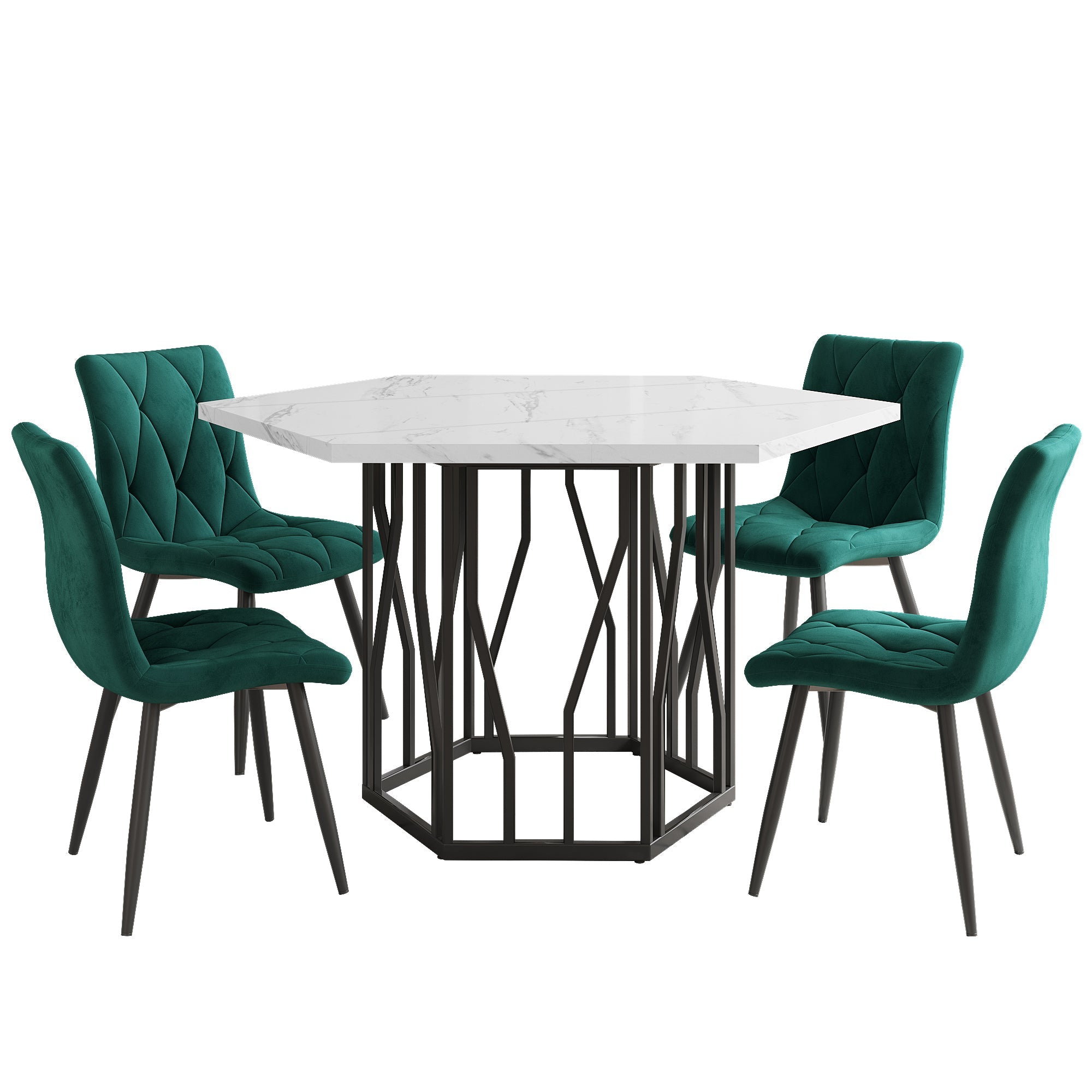 Logidon Eettafelset Zeshoekige marmeren tafel en 4 groen fluwelen stoelen