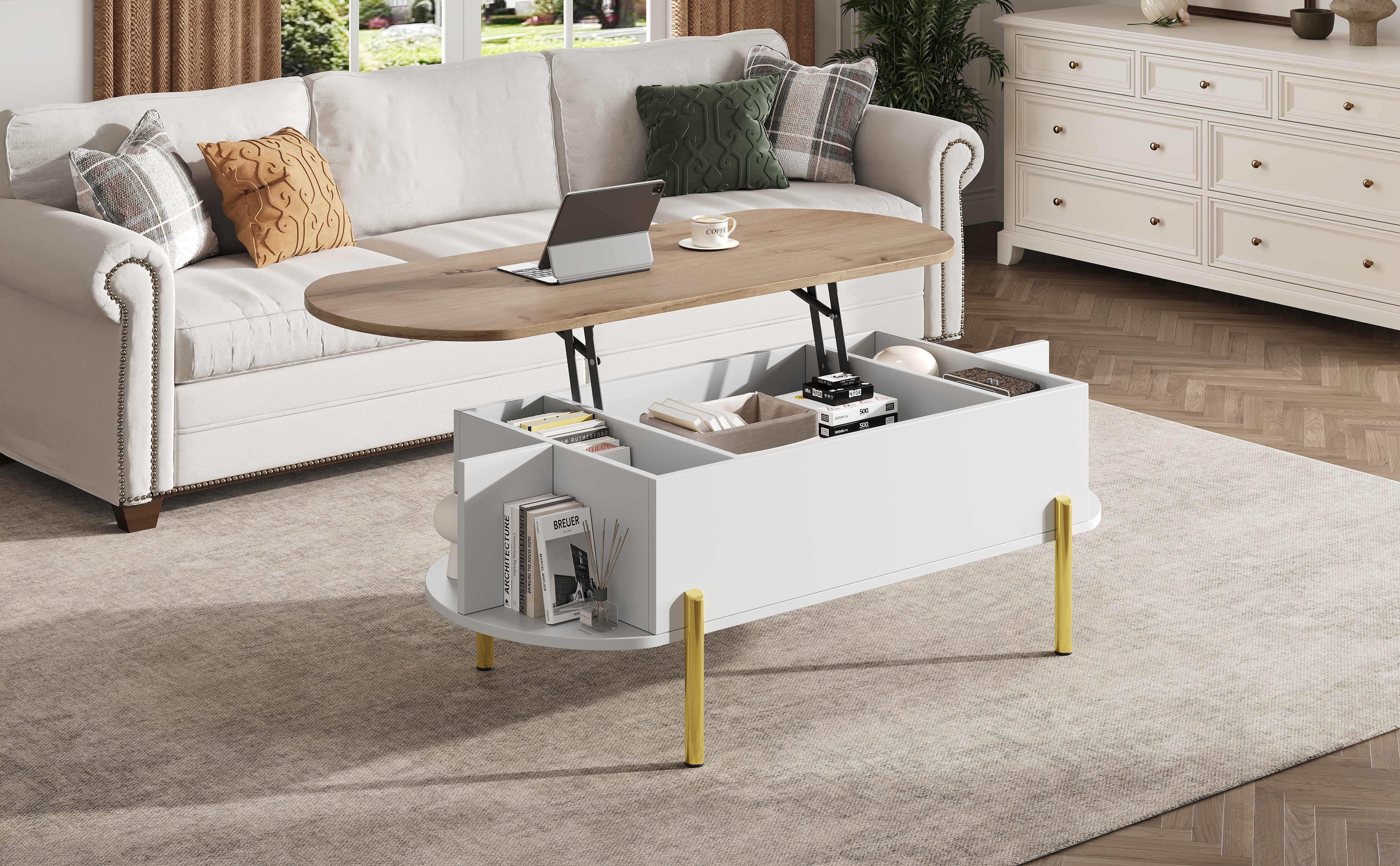 Logidon Verstelbare Salontafel 120x50x43 cm Met Opbergruimte Wit Hout
