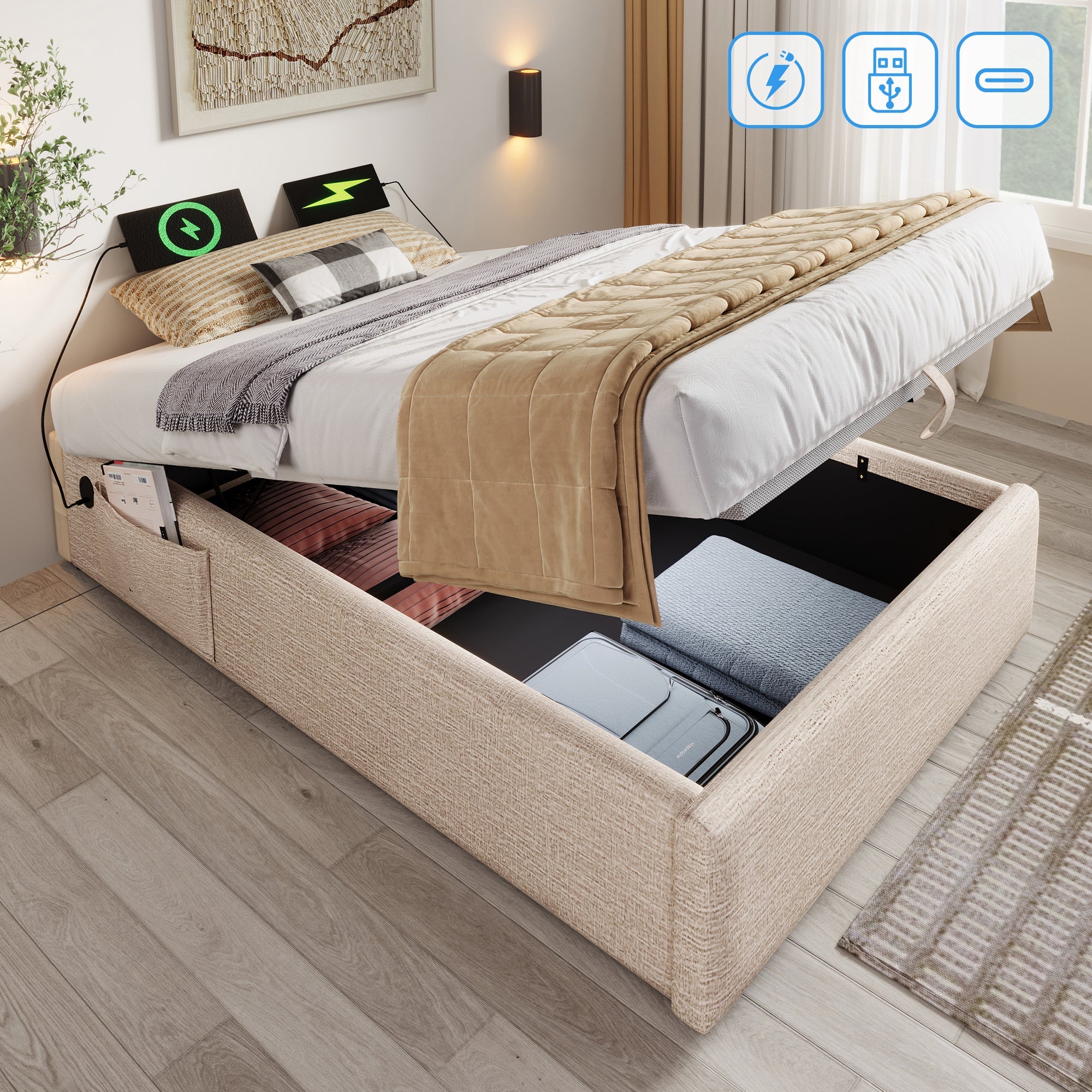 Logidon upholstered bed 90x190 beige USB C bed frame without headboard