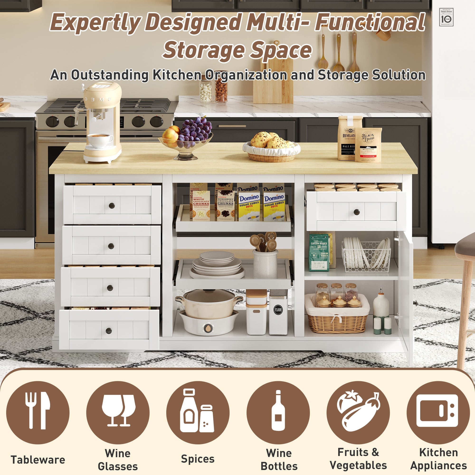 Logidon dressoir keukeneiland wit houten blad 5 laden 150x65x75 cm