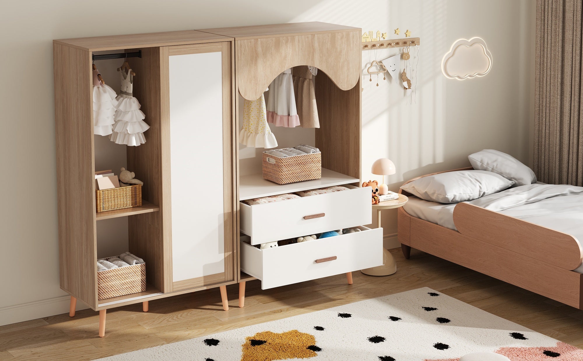 Logidon Children's Wardrobe Sliding Door Open Wardrobe White Natural Wood 141.5 cm