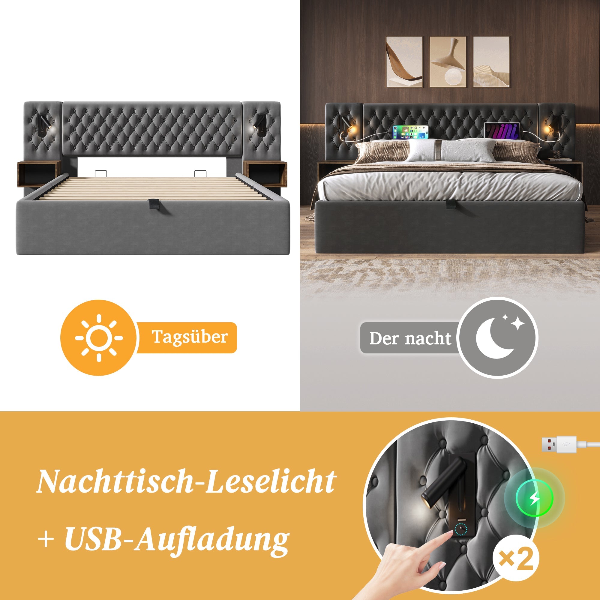 Logidon bed system 160x200 cm upholstered bed with storage space gray velvet