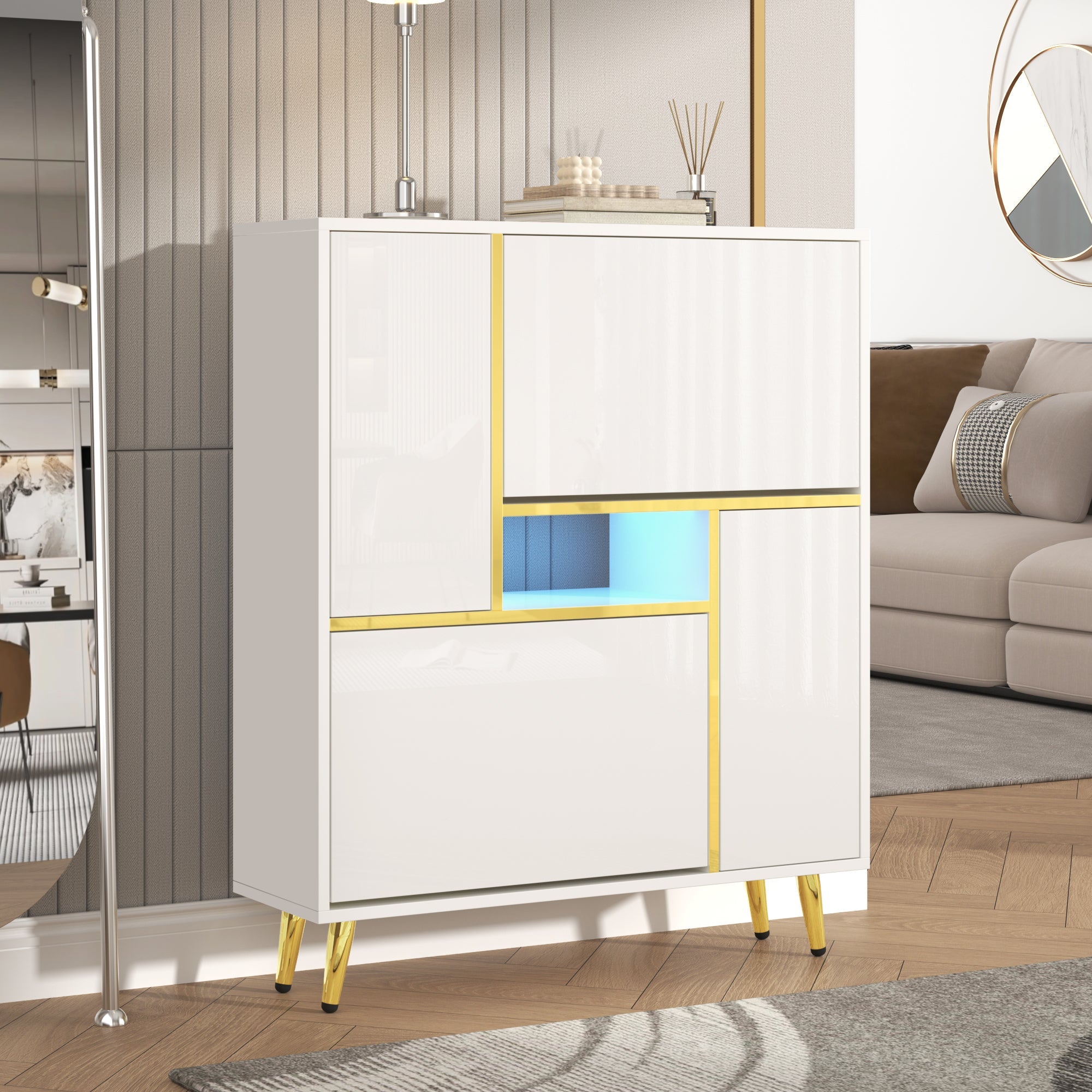 Logidon Moderne Schoenenkast Wit met Hoogglans Front en LED Licht 80x25x96 Cm