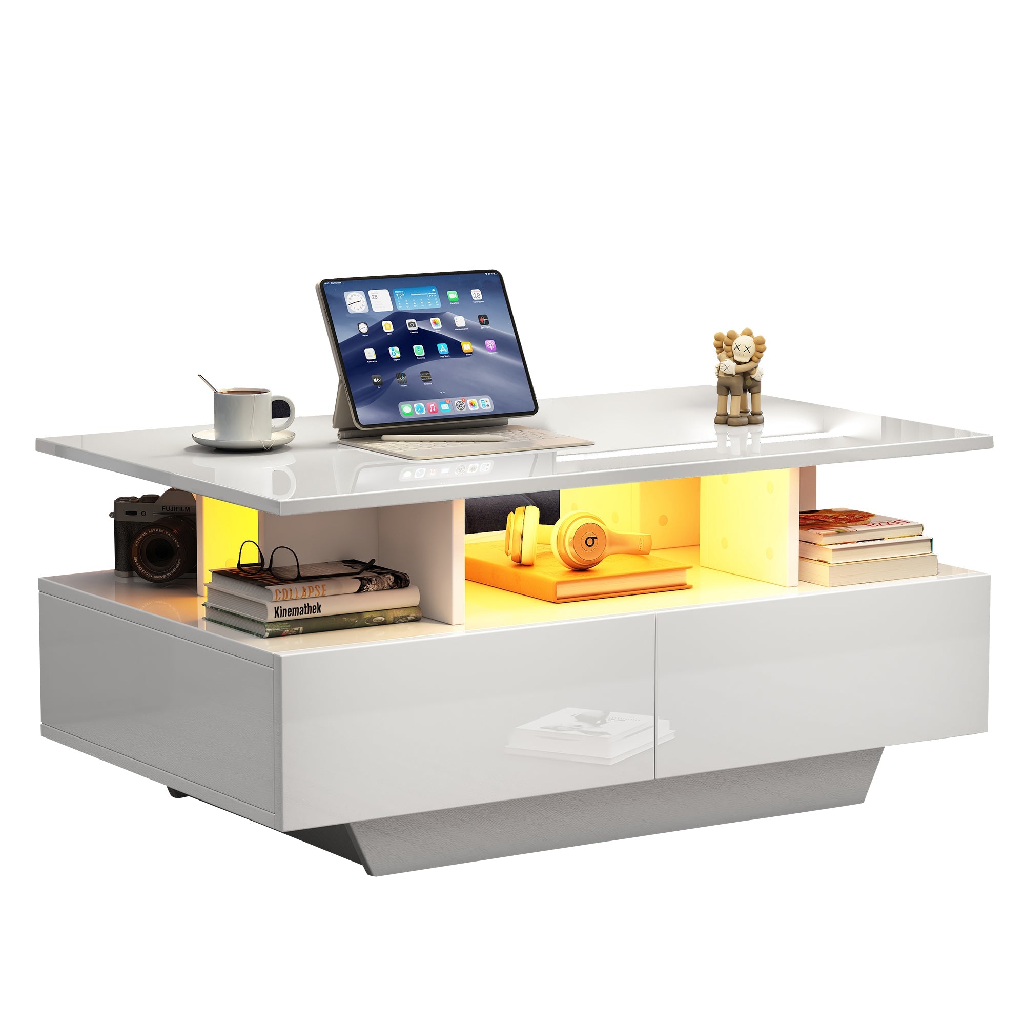 Logidon hoogglans salontafel LED, 2 lades, 90x55x41 cm wit
