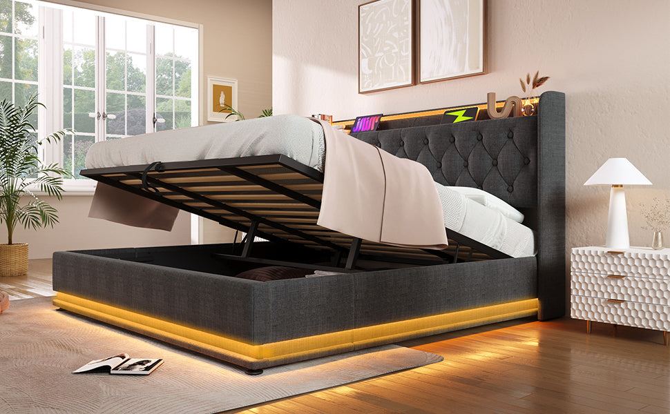 Logidon gestoffeerd bed tweepersoonsbed 180x200 cm grijs linnen LED-verlichting USB C