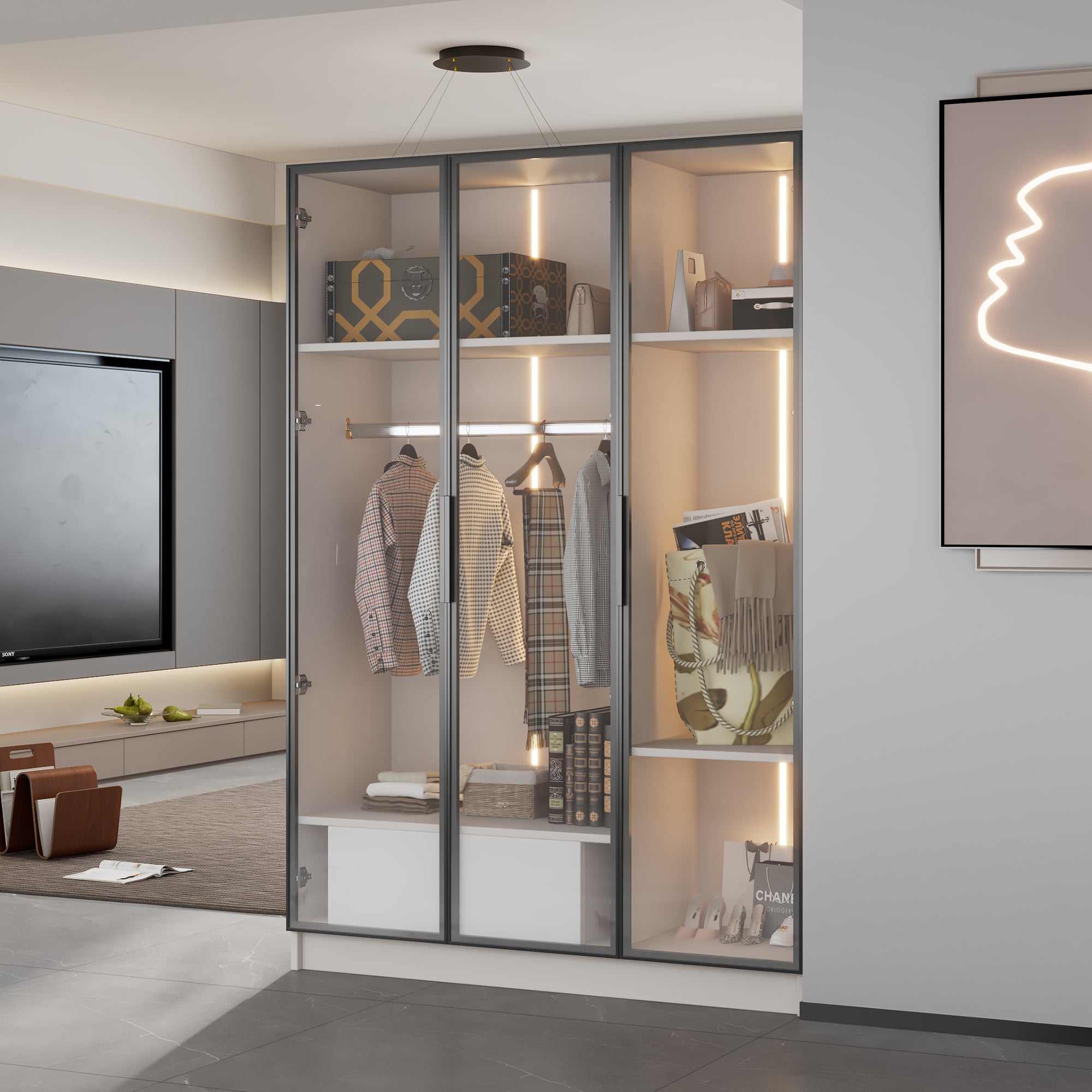 Logidon Witte kledingkast 110x50x160 cm met 3 glazen deuren LED