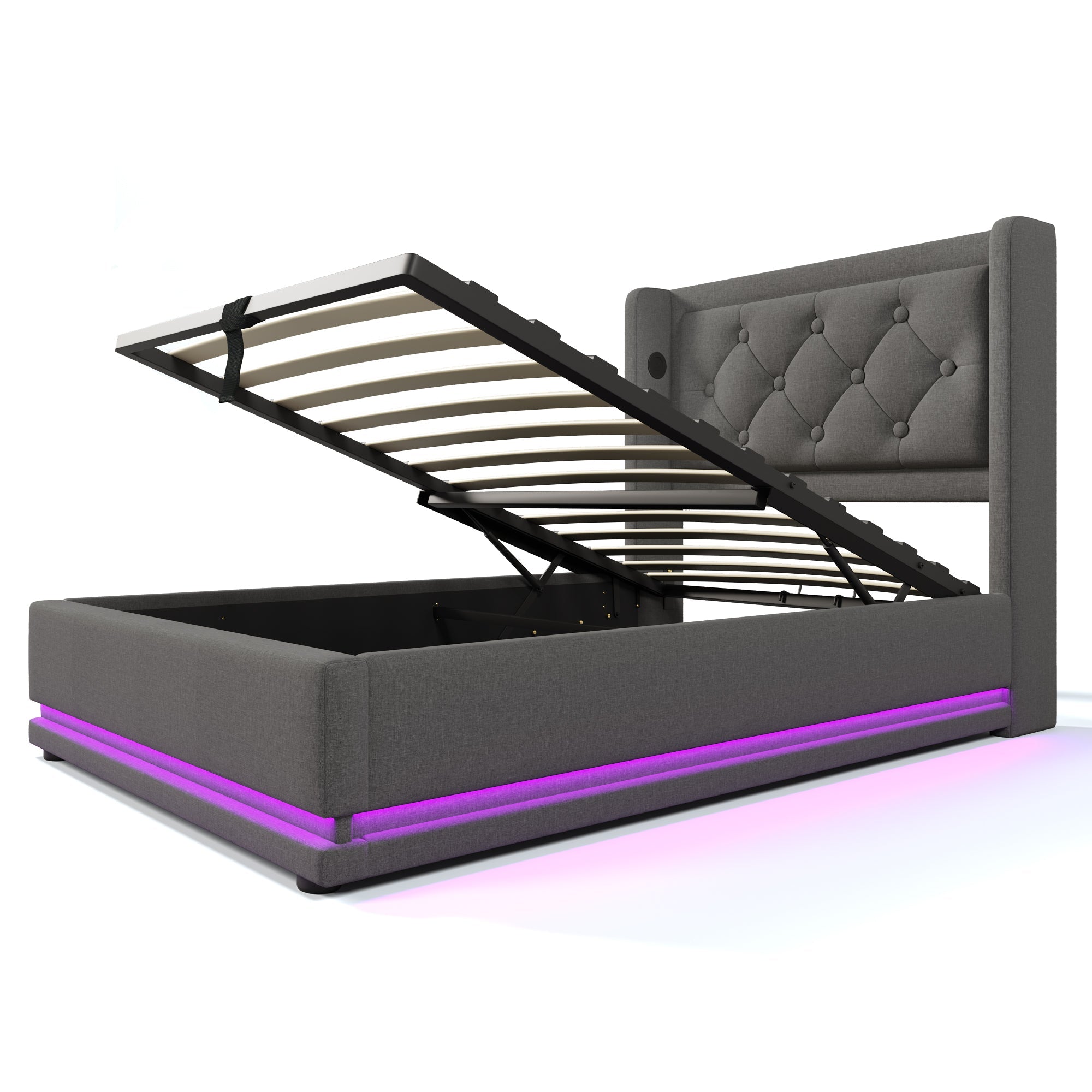 Logidon gestoffeerd bed 90x200 cm grijs met opbergruimte USB C oplaadfunctie LED