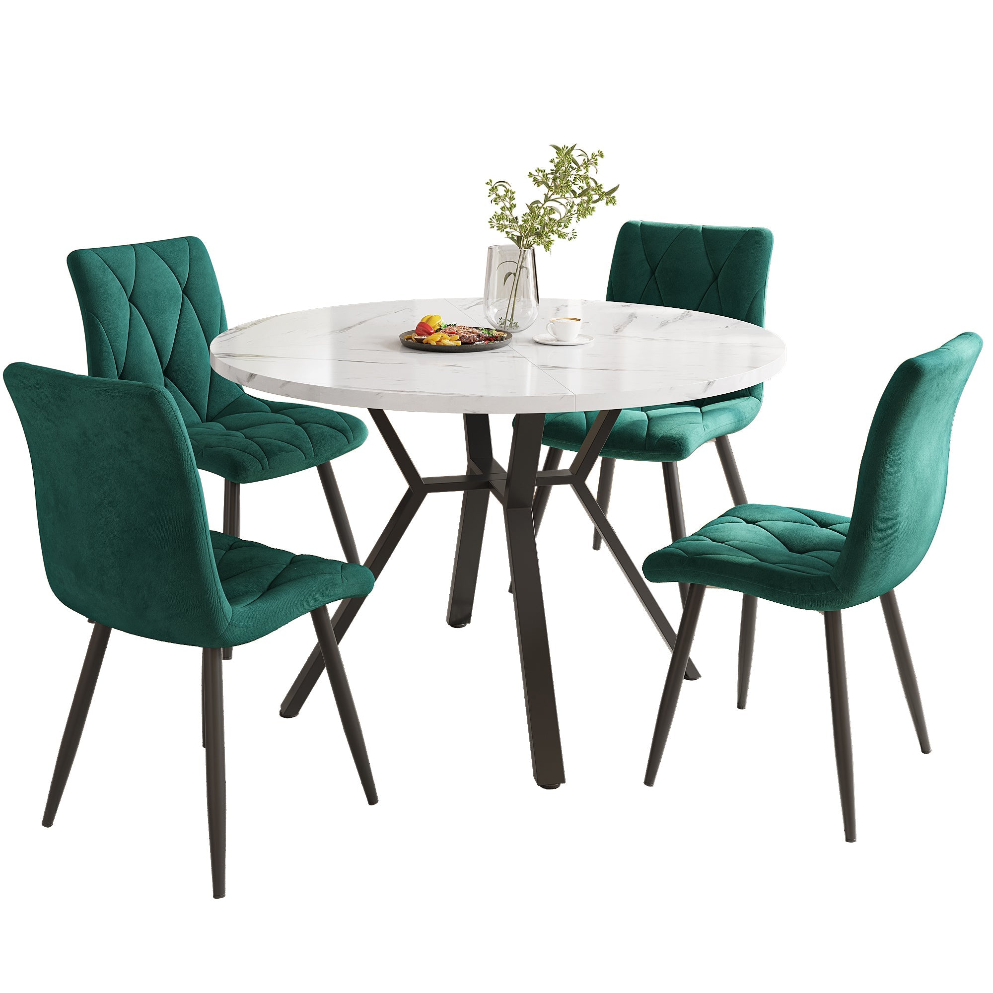 Logidon eettafelset 5-delig ronde marmerlook tafel en groene velours stoelen