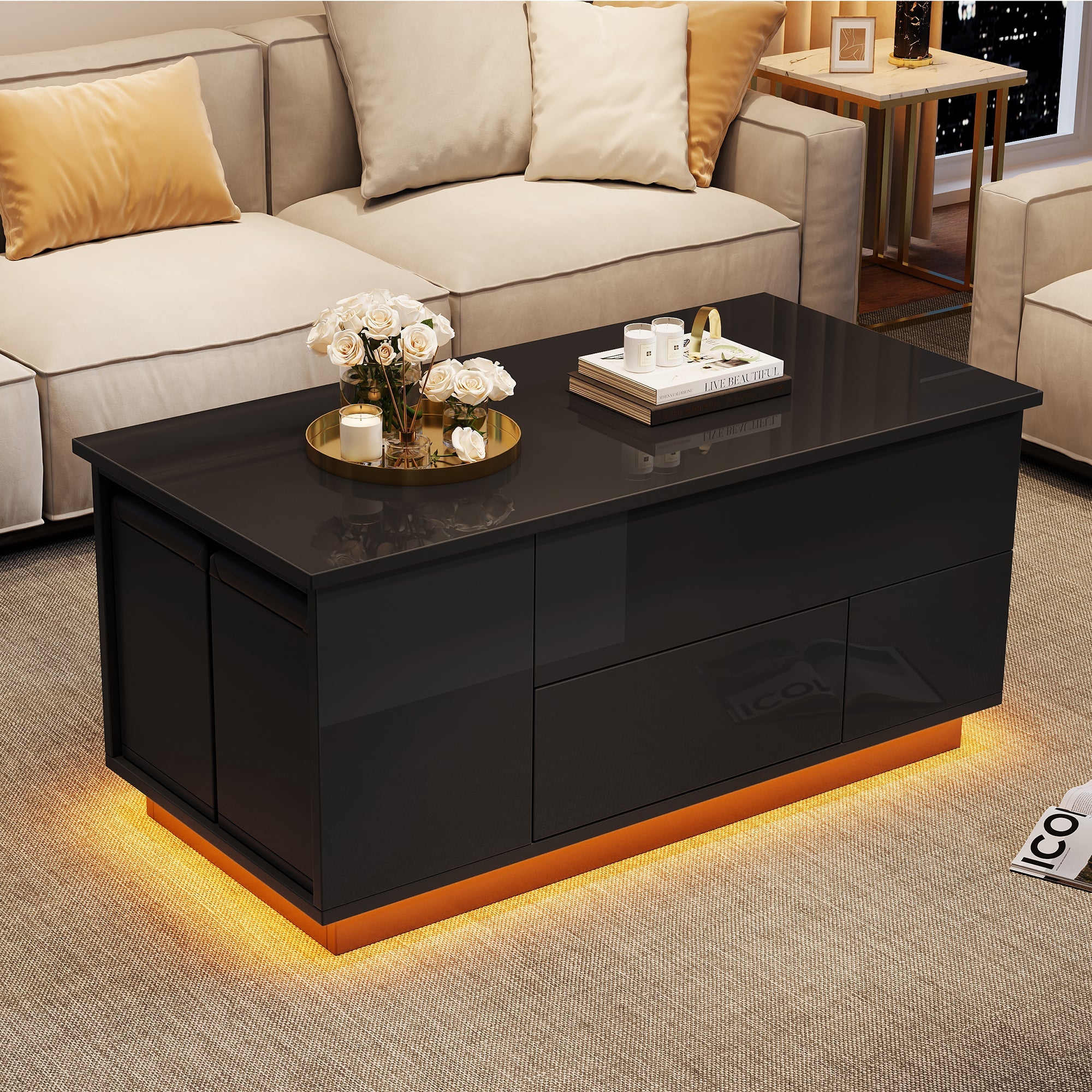 Logidon 4-in-1 in hoogte verstelbare salontafel zwart 100x50x45 cm LED