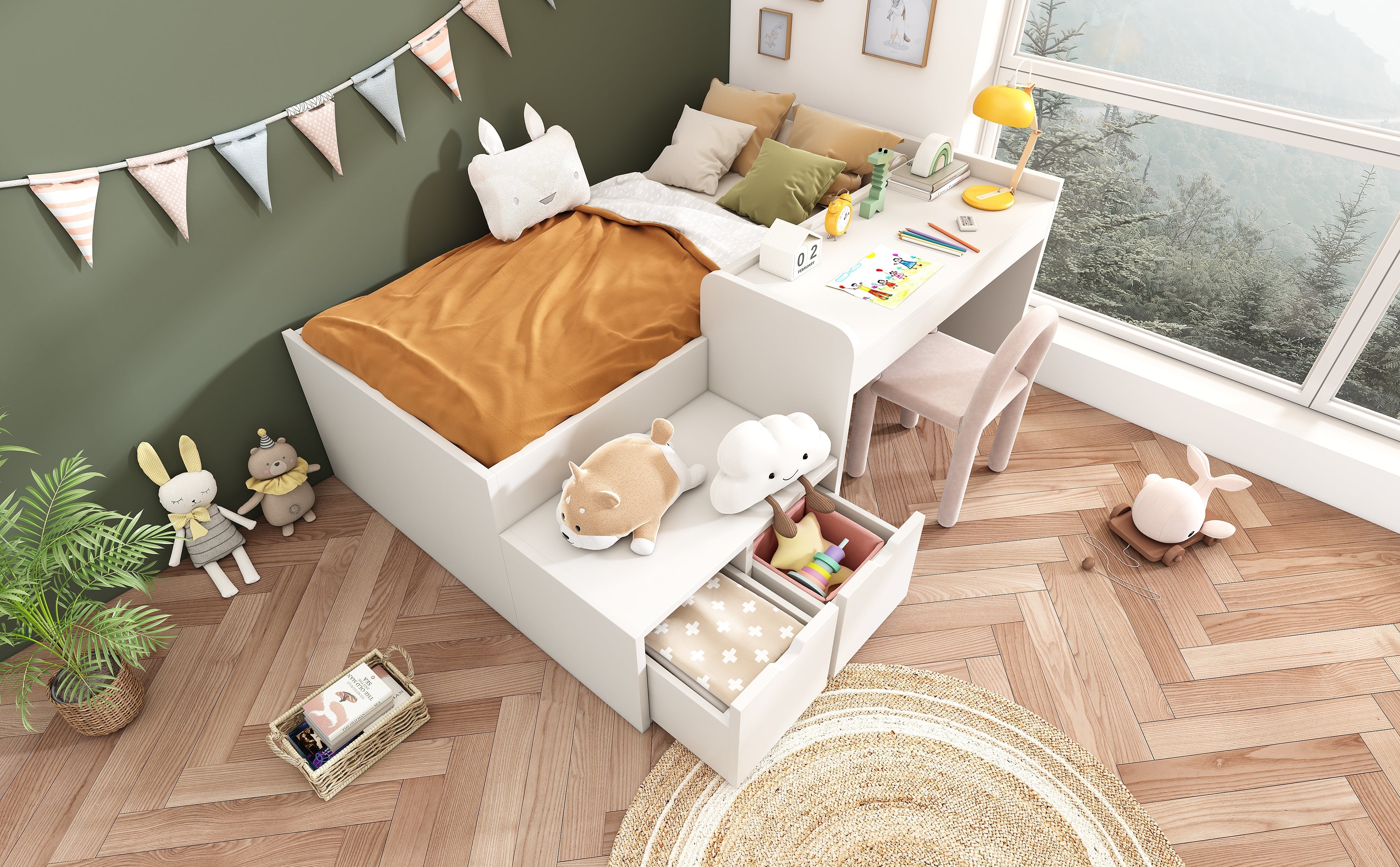 Logidon kinderbed 90x200 massief hout wit met bureau en opbergruimte
