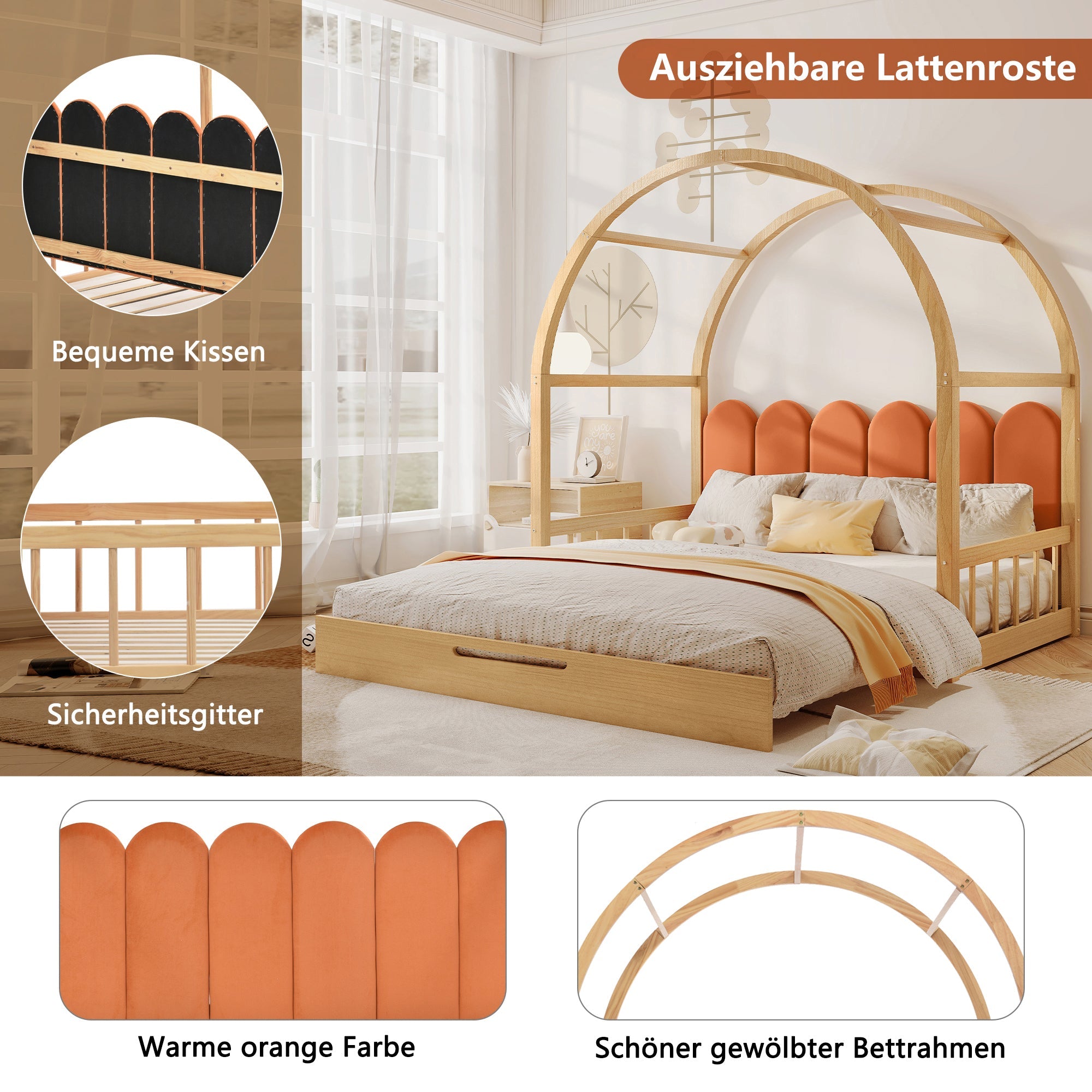 Logidon Uitschuifbaar boogdakbed 140x100 140x200 naturel oranje