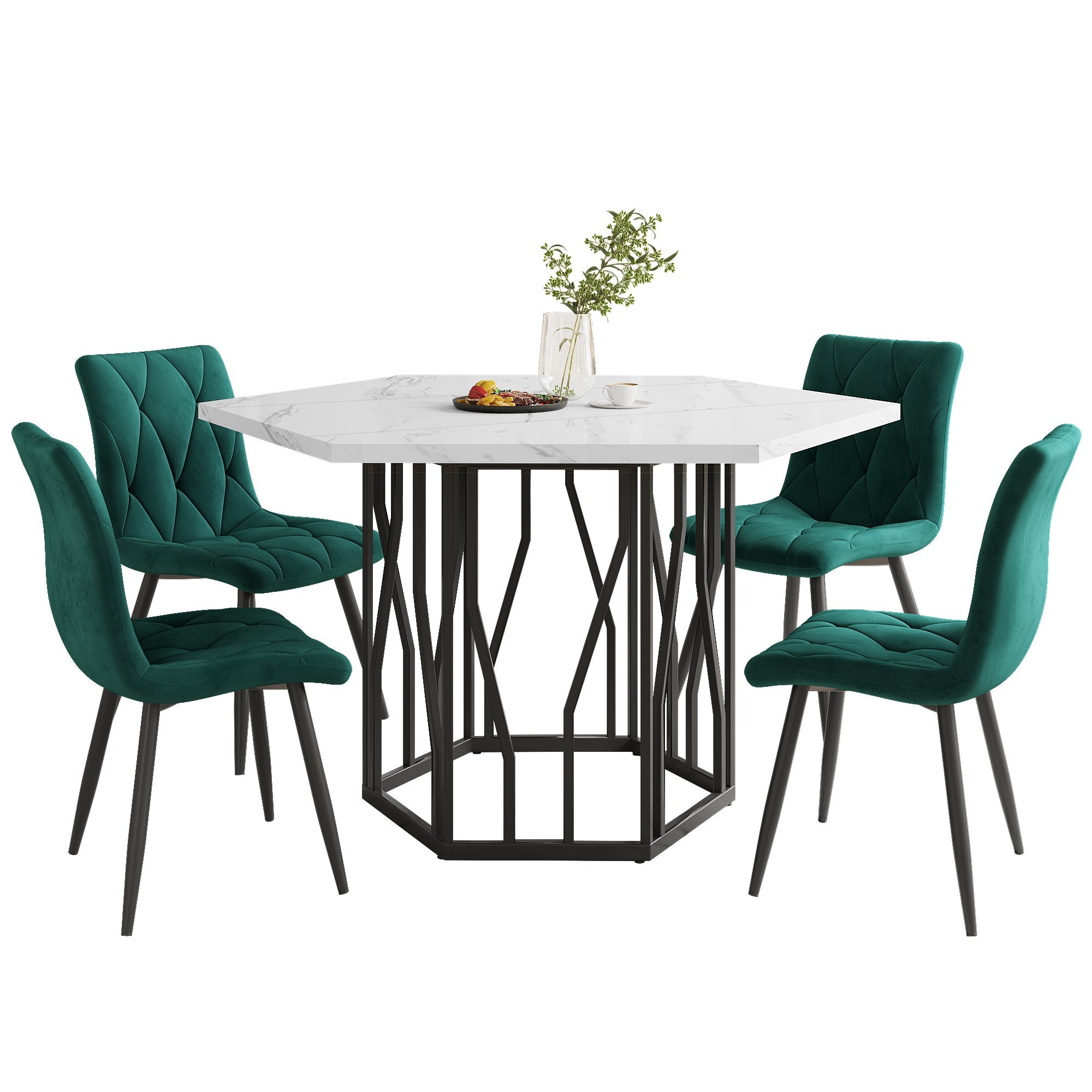 Logidon Eettafelset Zeshoekige marmeren tafel en 4 groen fluwelen stoelen