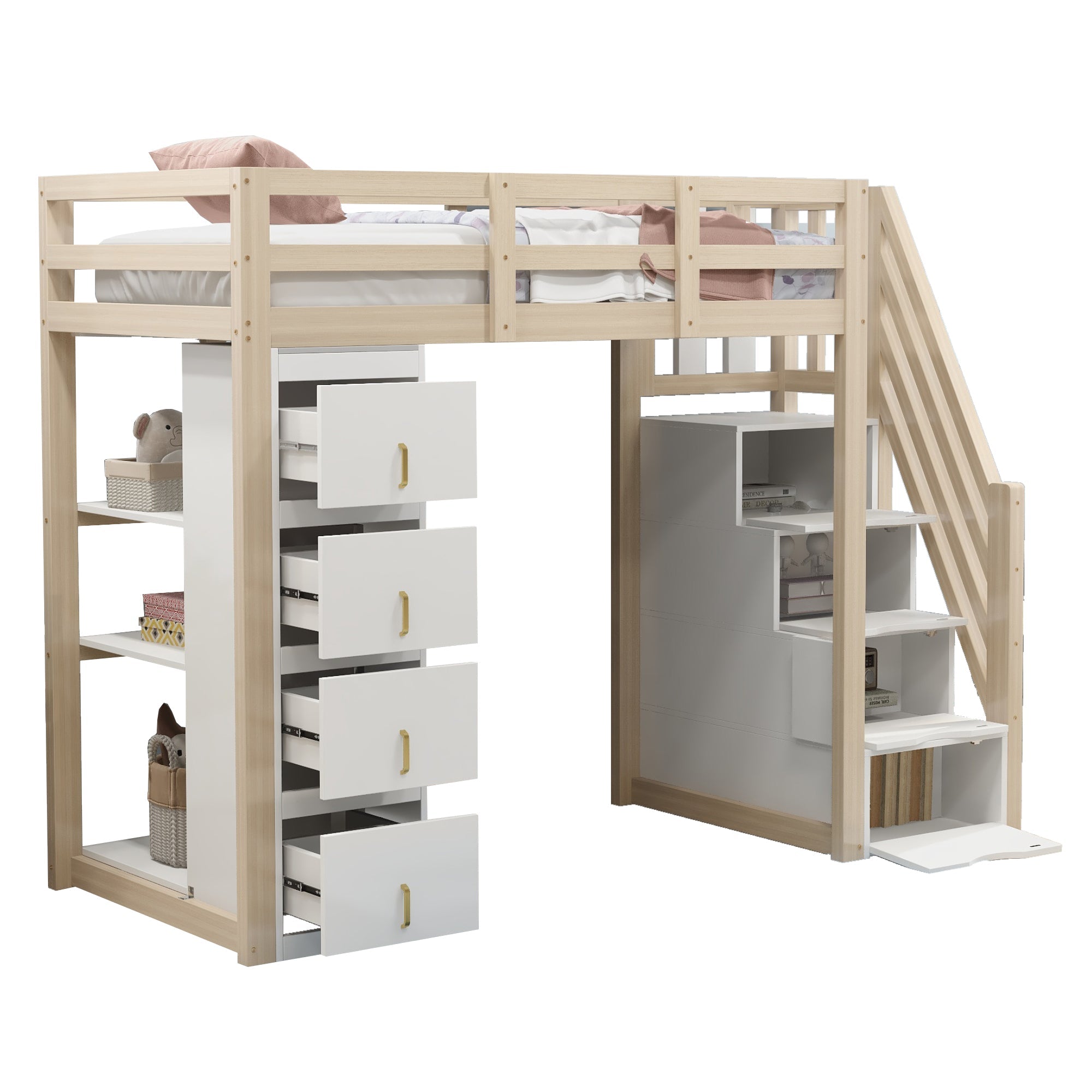 Logidon hoogslaper 90x200 cm naturel hout met opberglades