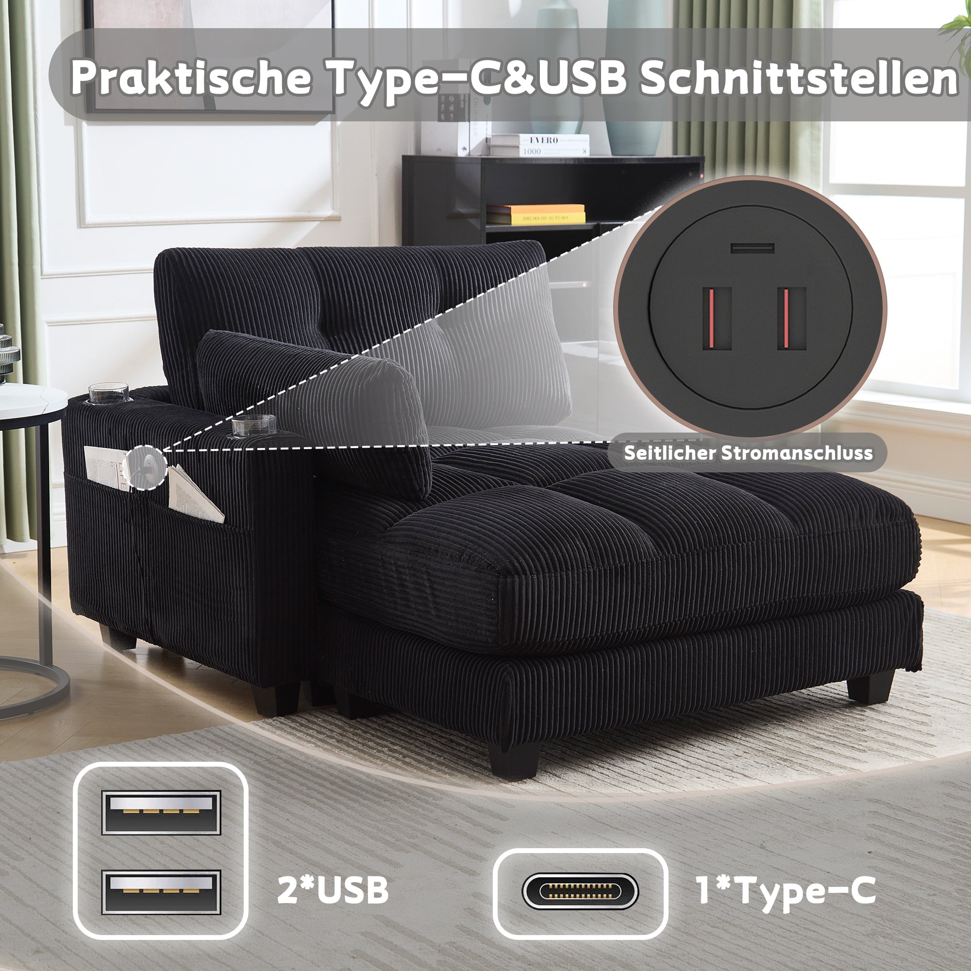Logidon palmstoel fluwelen bank zwart met USB-oplaadfunctie