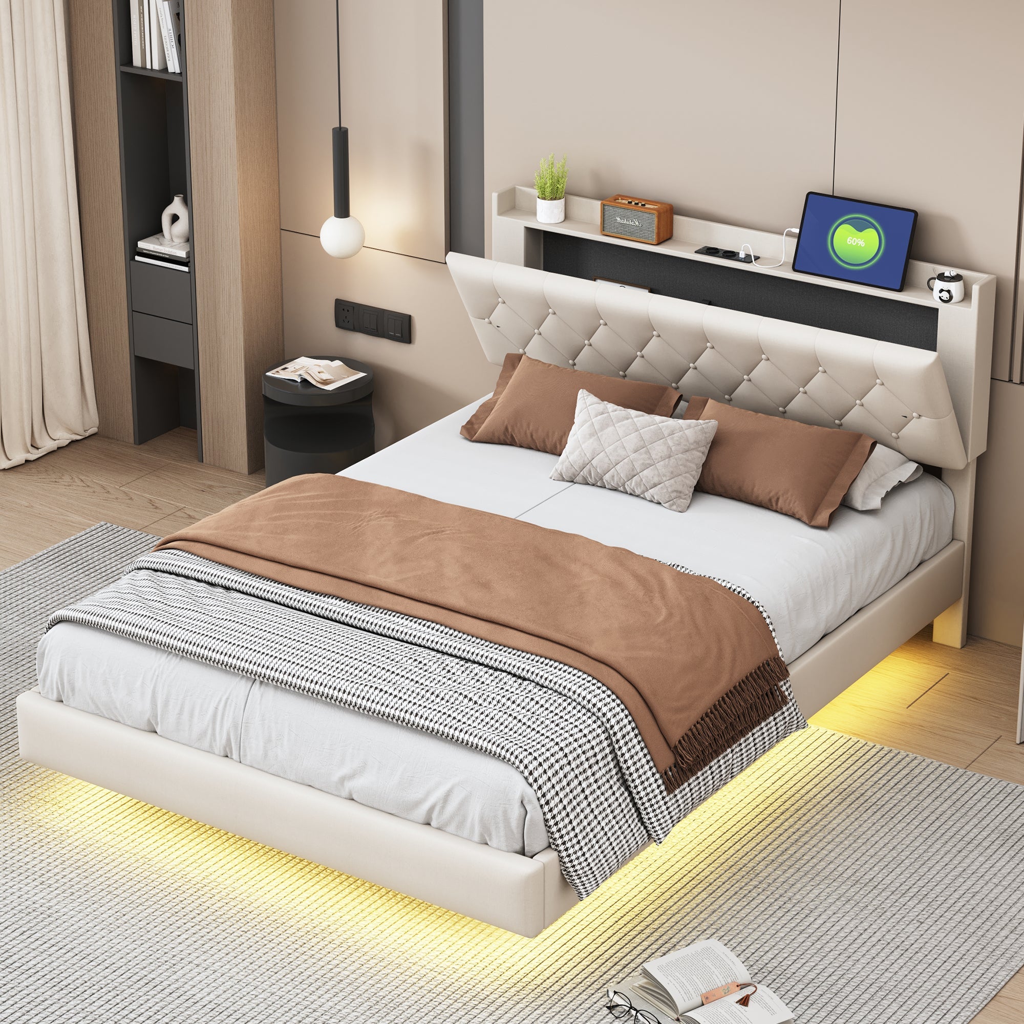 Logidon gestoffeerd bed 140x200 cm beige USB-oplaadpoort LED-lichtstrip