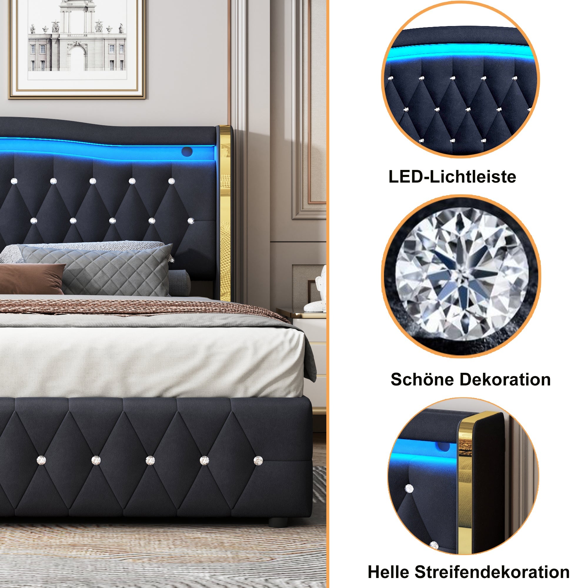 Logidon gestoffeerd bed 160x200 zwart fluweel stof met LED verlichting