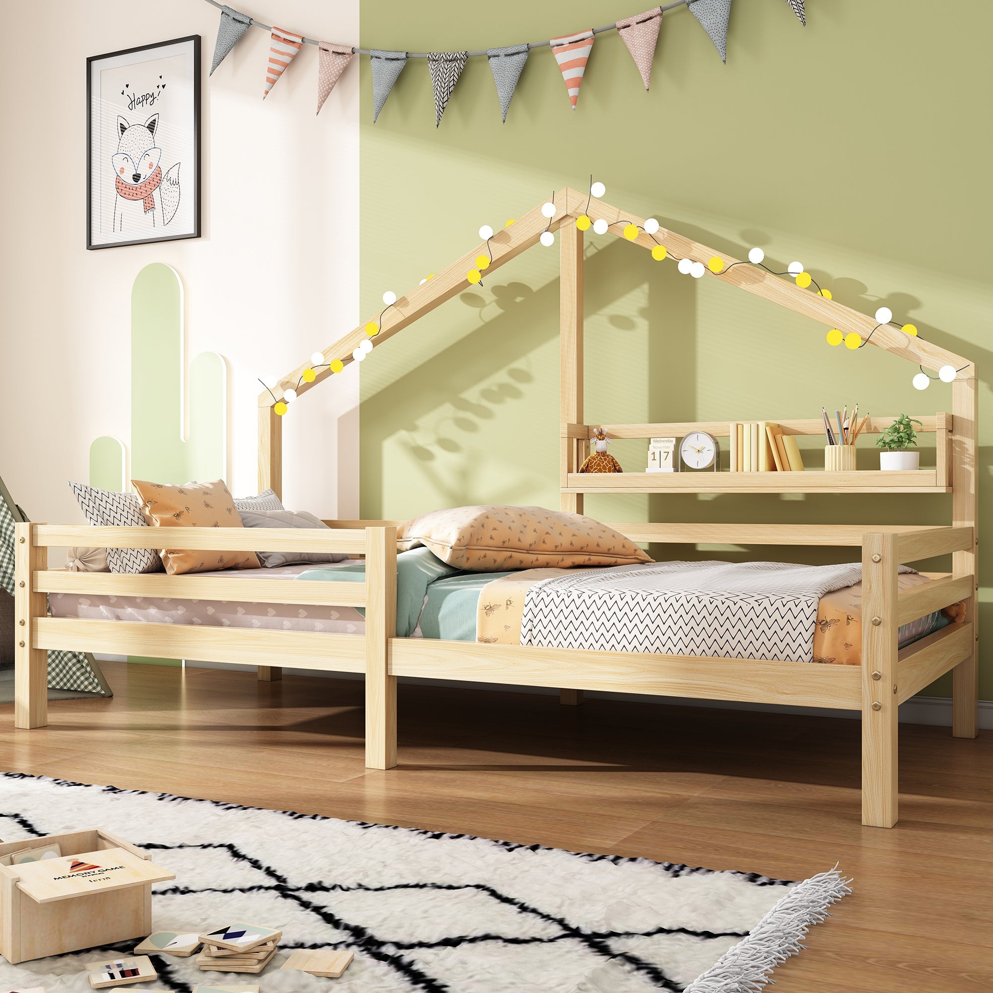 Logidon huisbed kinderbed 90x200 naturel met plank plank schouwvorm