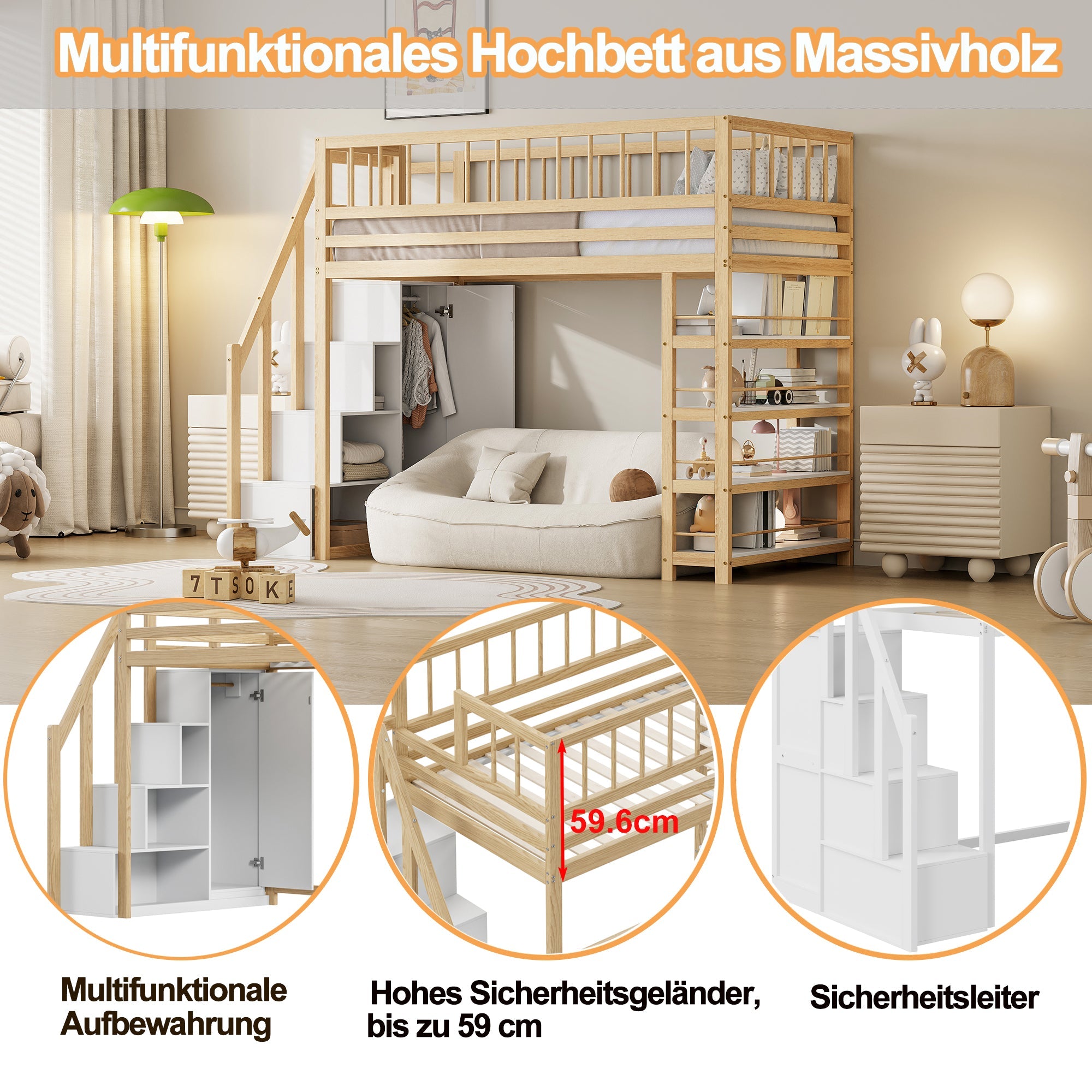 Logidon loft bed 90x200 cm with wardrobe and storage space combination bed