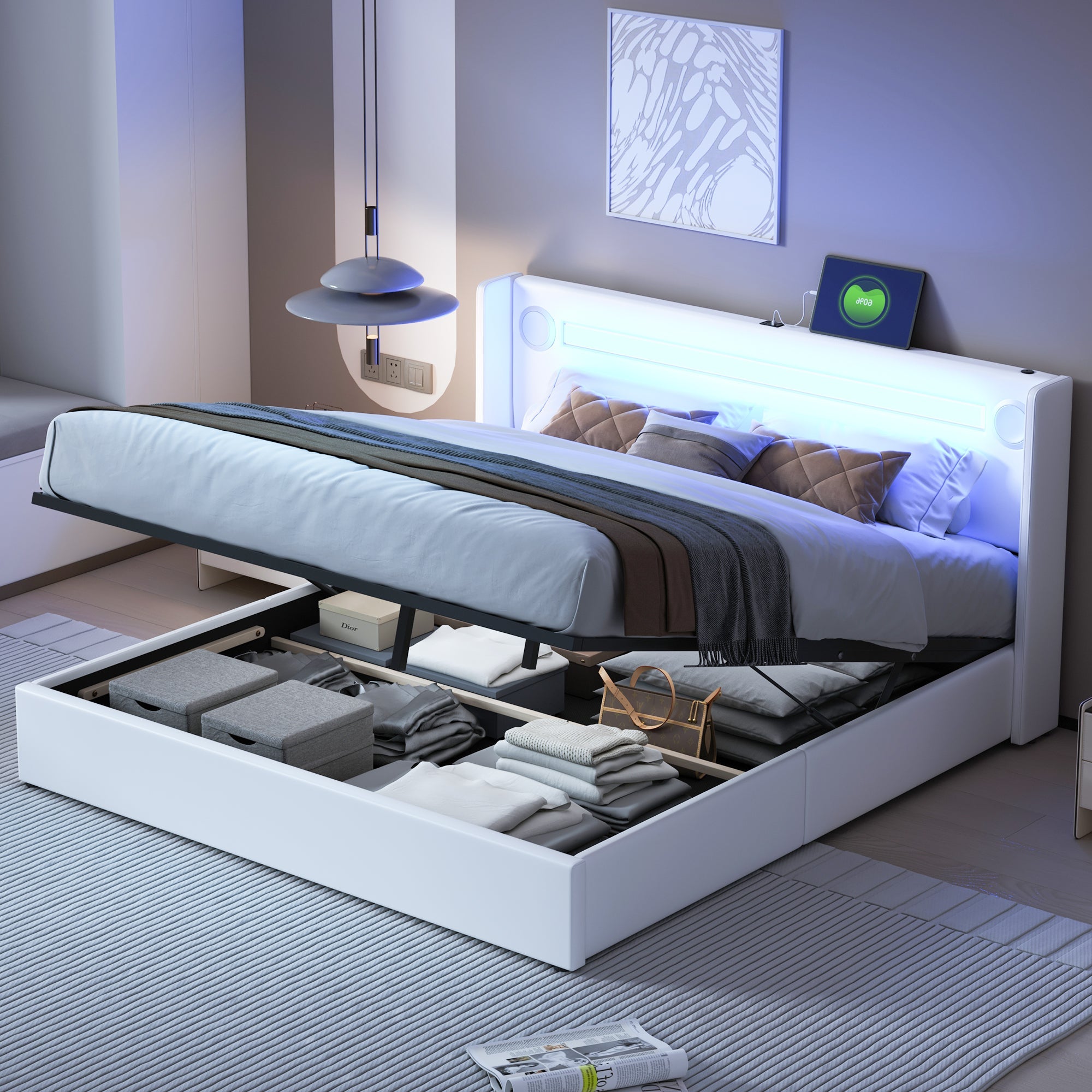 Logidon gestoffeerd bed 160x200 wit met LED lichtstrip Bluetooth USB