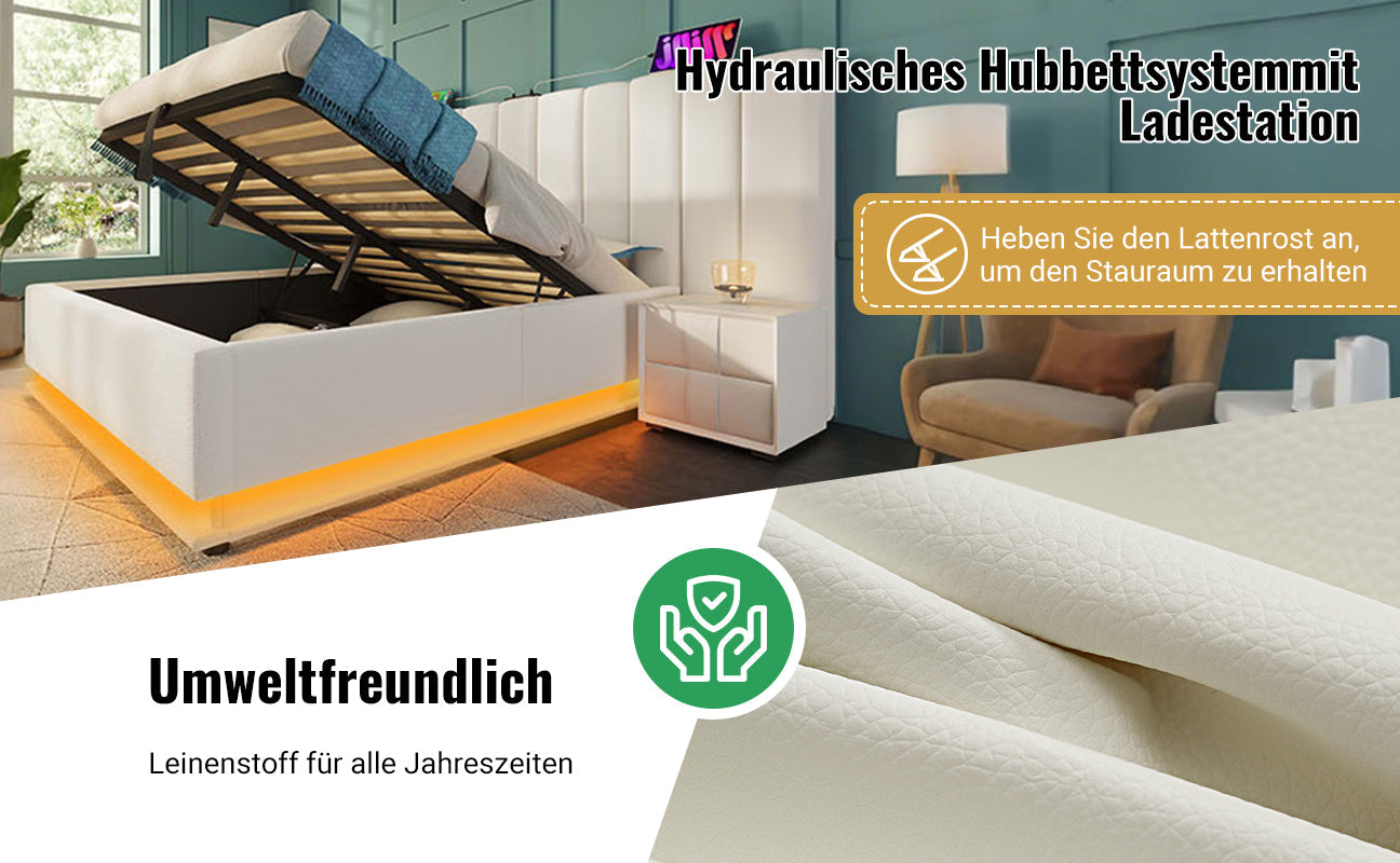 Logidon gestoffeerd bed 180x200 wit met opbergruimte LED app-bedieningsmatras