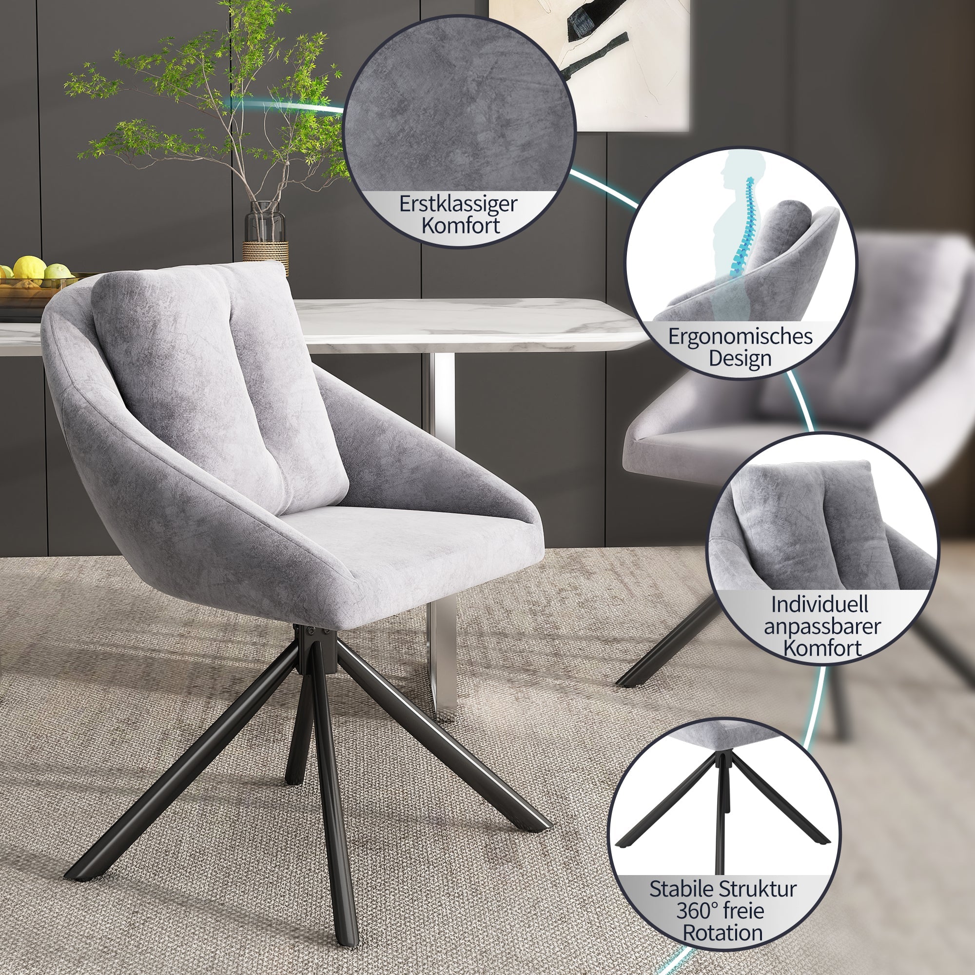 Logidon Modern Gray Velvet Chair Set of Four Swivel Ergonomic Chairs