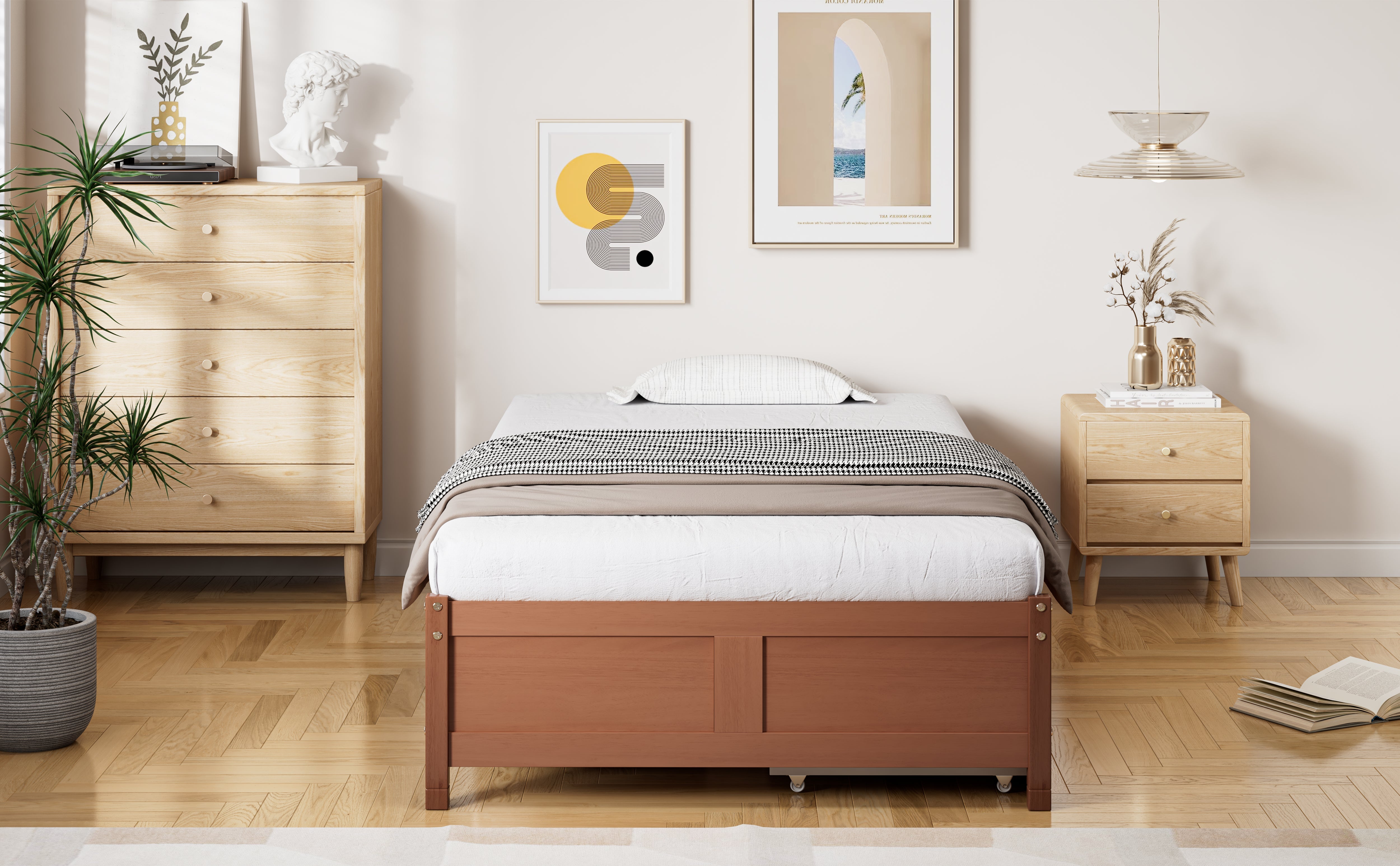 Logidon kinderbed 90x200 roodbruin houten bed met 2 lades en wielen