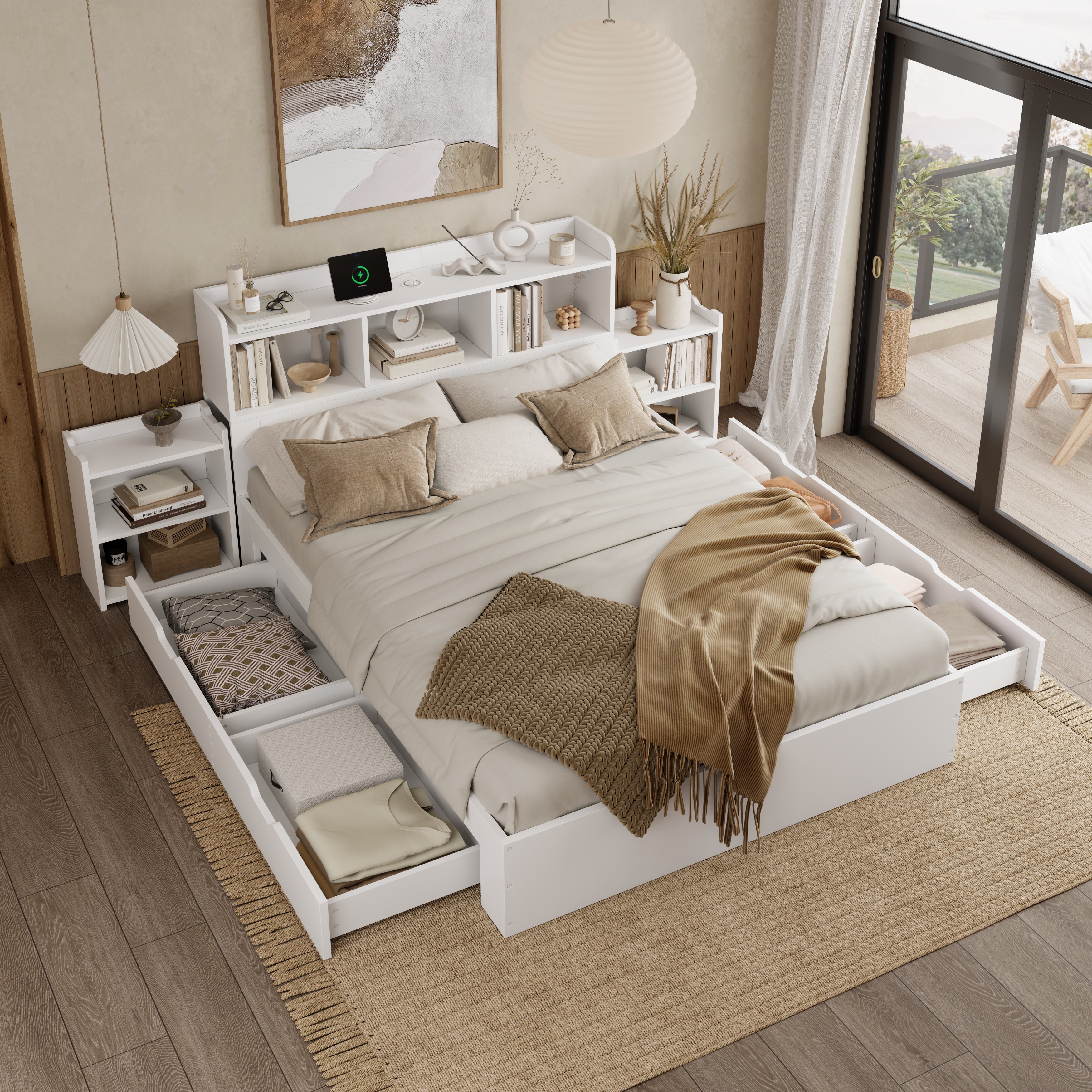 Logidon tweepersoonsbed 140x200 wit met lattenbodem uitschuifbare nachtkastjes