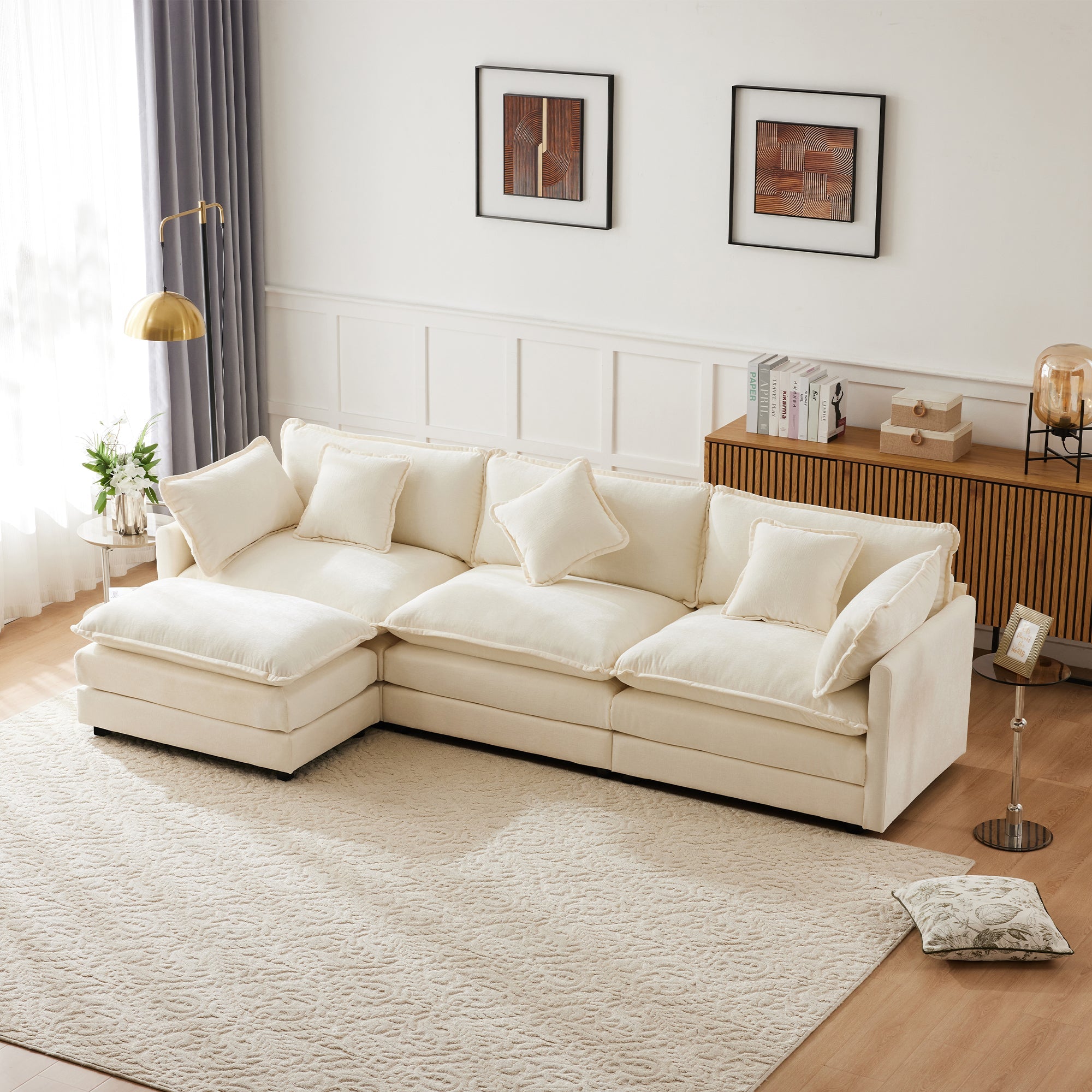 Logidon Driezitsbank Beige Chenille Met Voetensteun