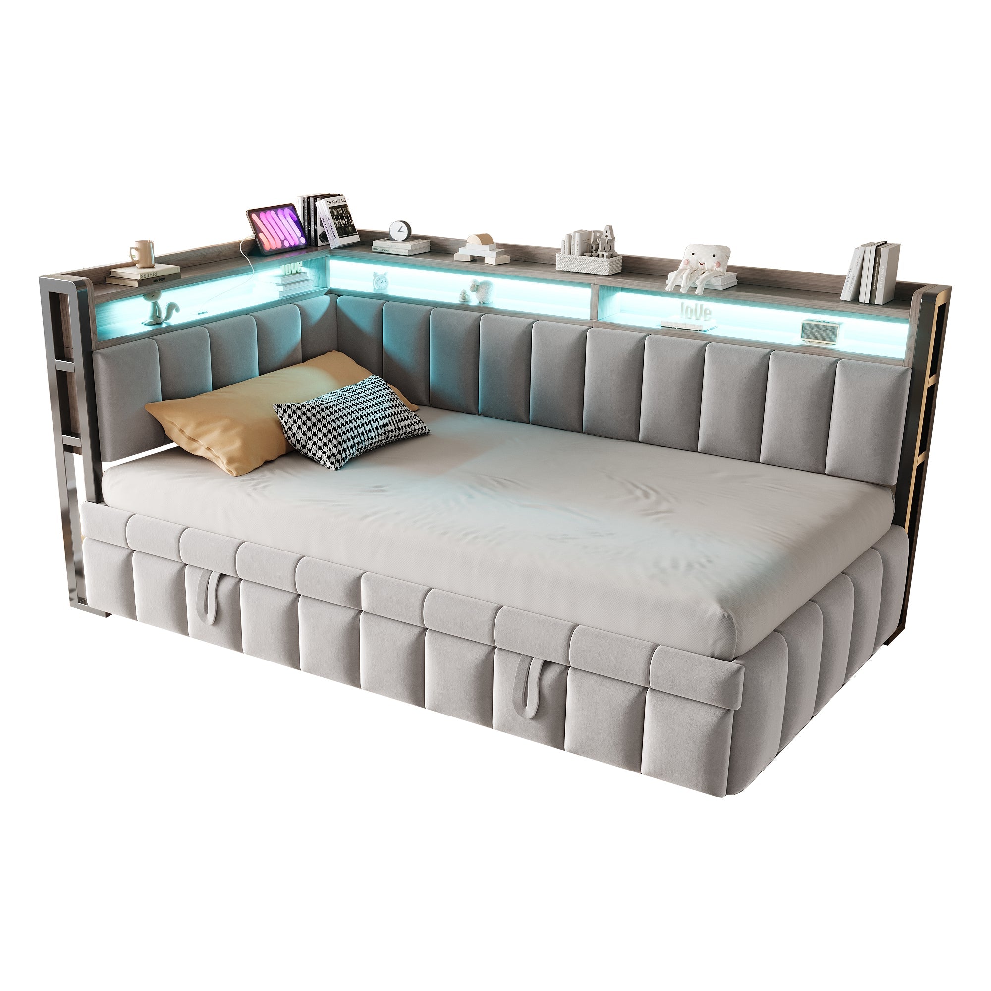 Logidon slaapbank gestoffeerd bed 90x200cm lichtgrijs uitschuifbaar LED USB