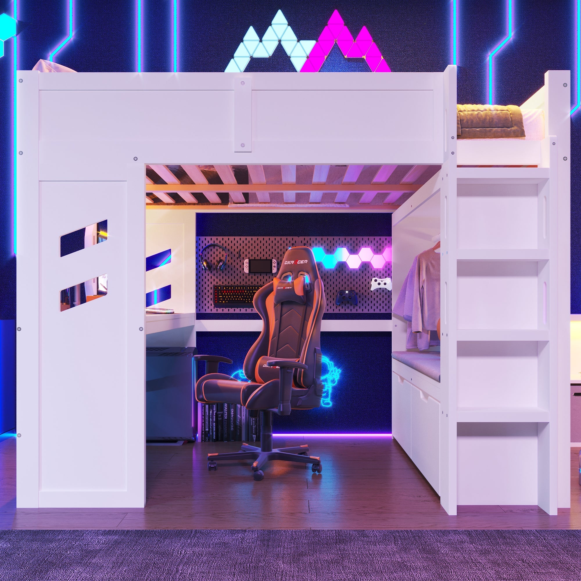Logidon hoogslaper 140x200 cm wit gamingbed met bureau LED