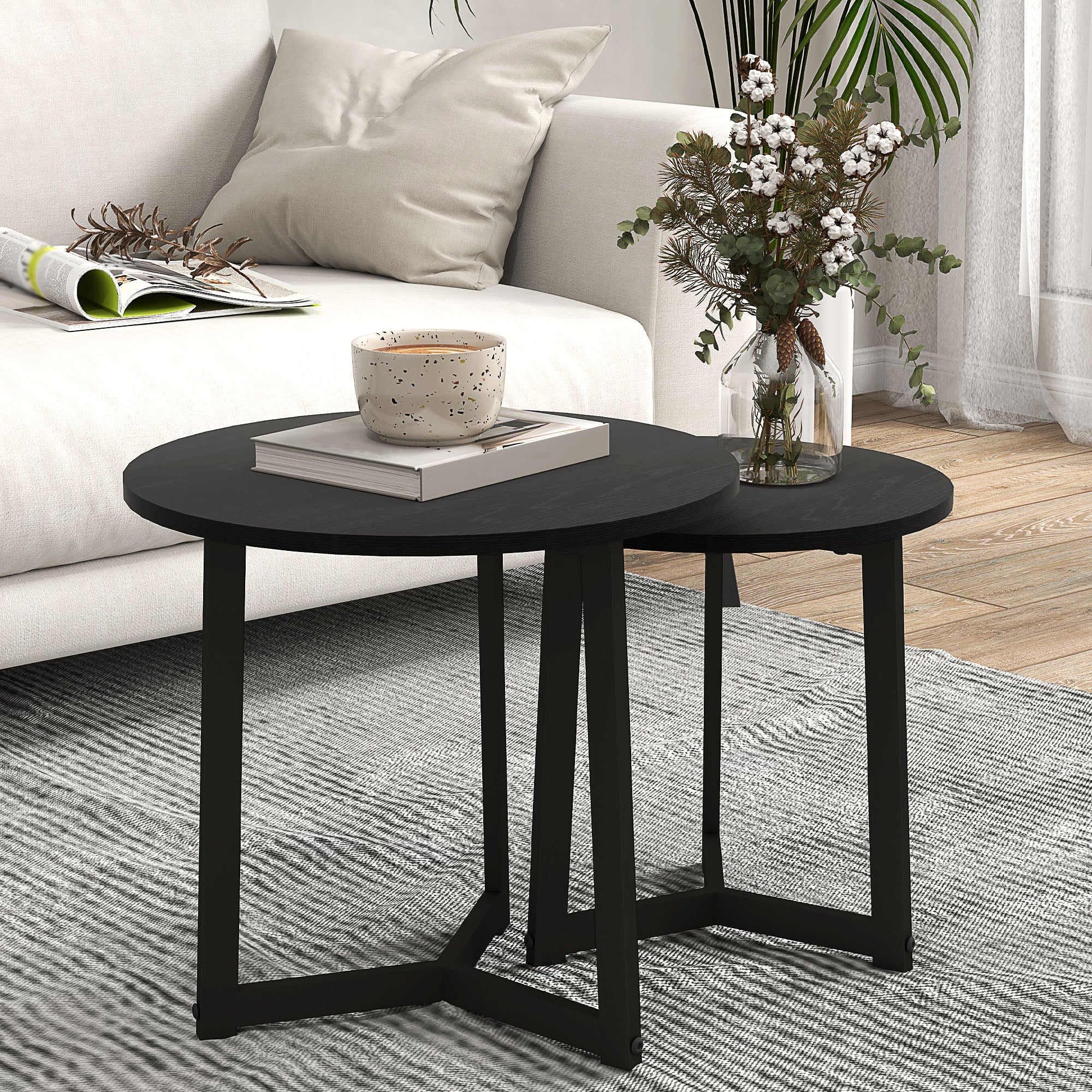 Logidon Set van 2 ronde salontafels Zwart staal MDF
