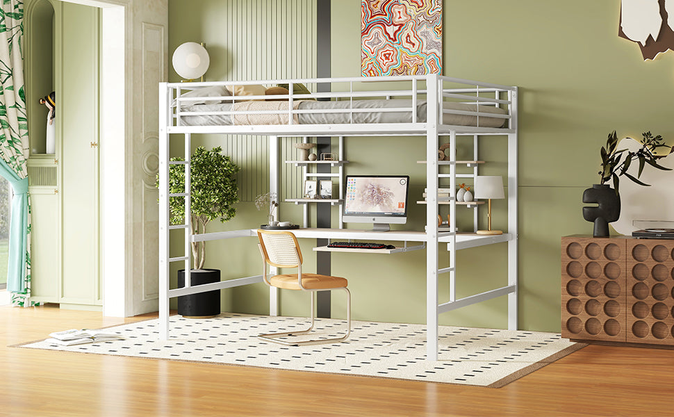 Logidon hoogslaper 140x200 cm metalen bed met bureau en plank wit