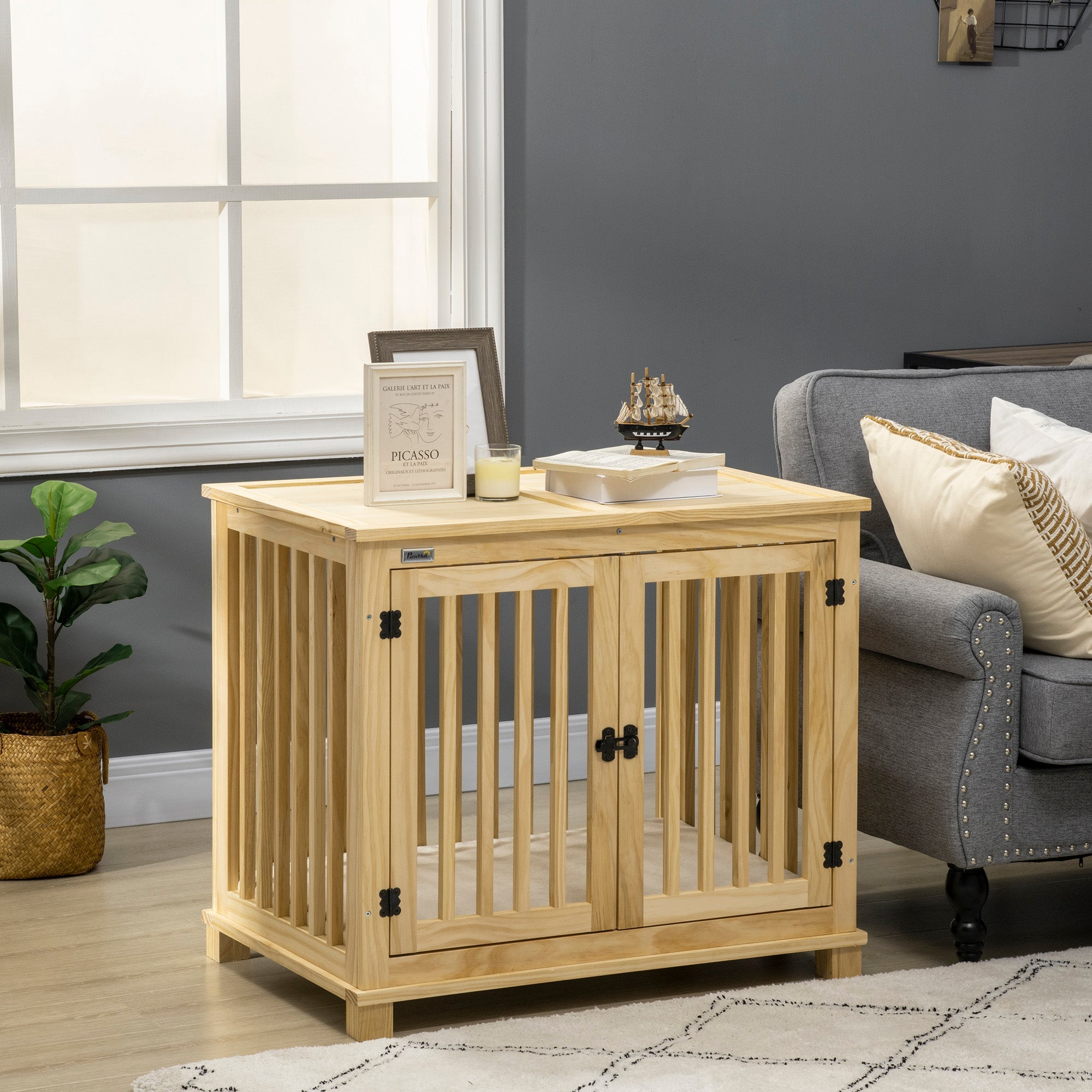 Logidon hondenkooi naturel hout crème wit 82,5×57×72 cm met kussen