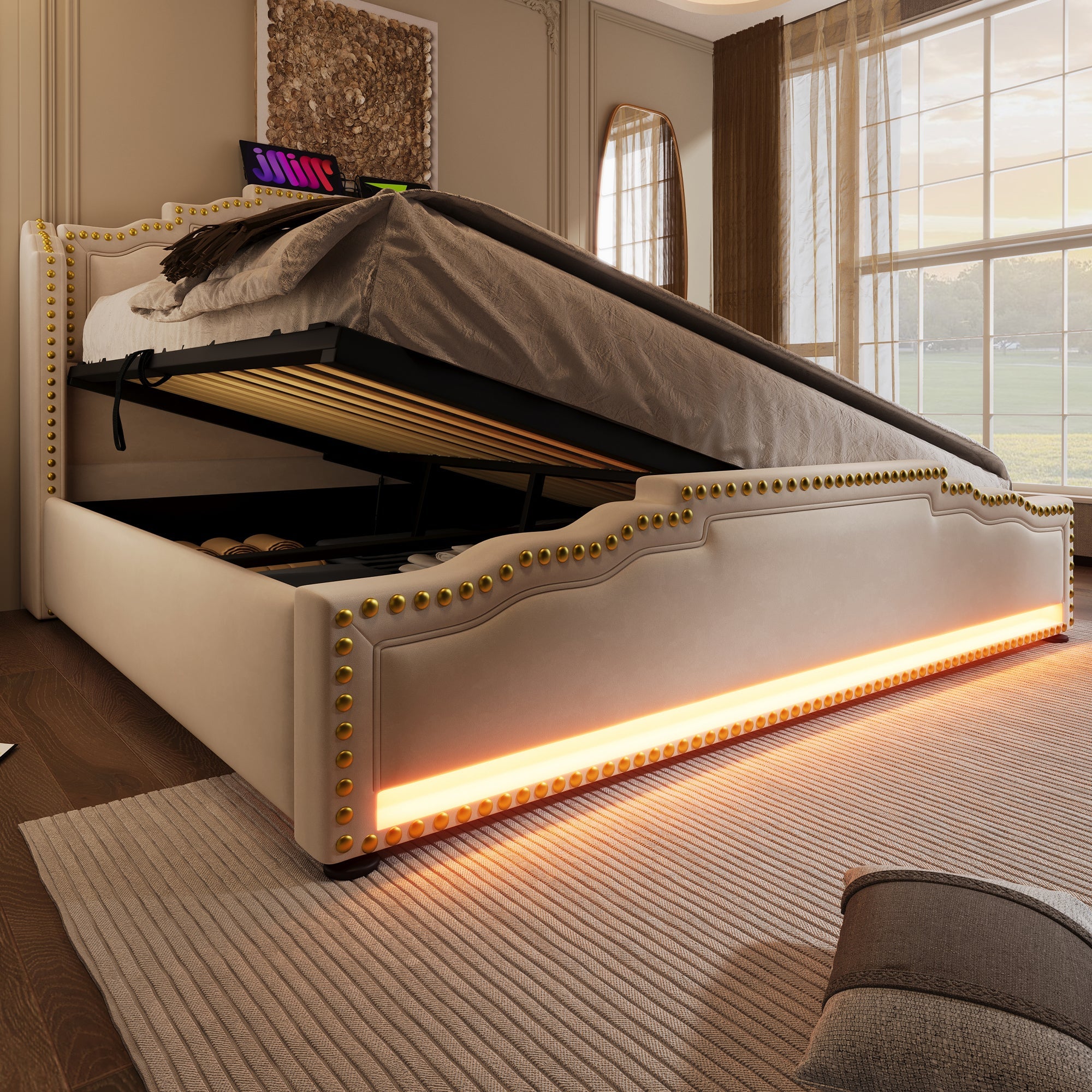 Logidon gestoffeerd bed 160x200 beige fluweel met opbergruimte LED USB C