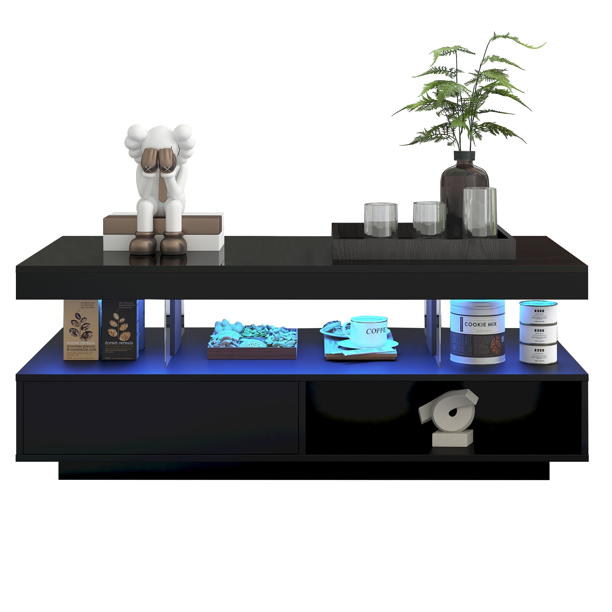 Logidon hoogglans salontafel zwart 95x50x42,5 cm glazen bladen
