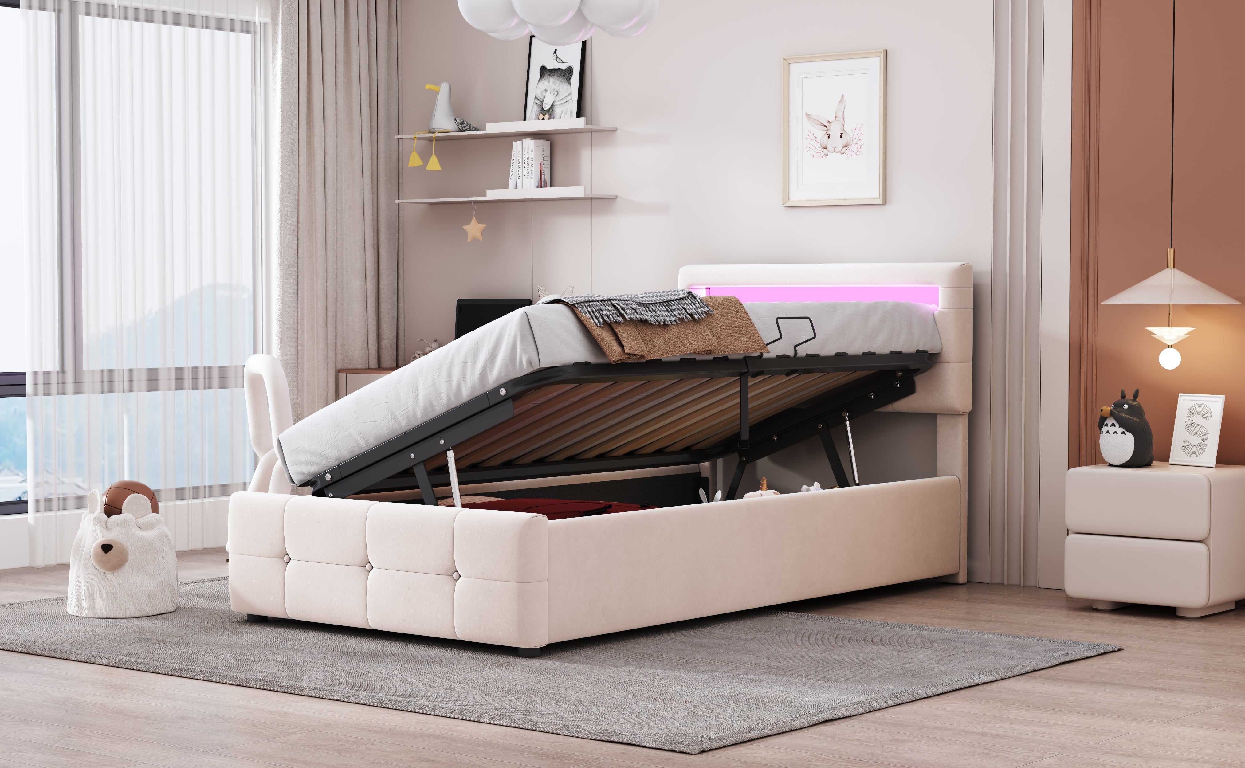 Logidon kinderbed 90x200 cm met LED verlichting beige fluweel