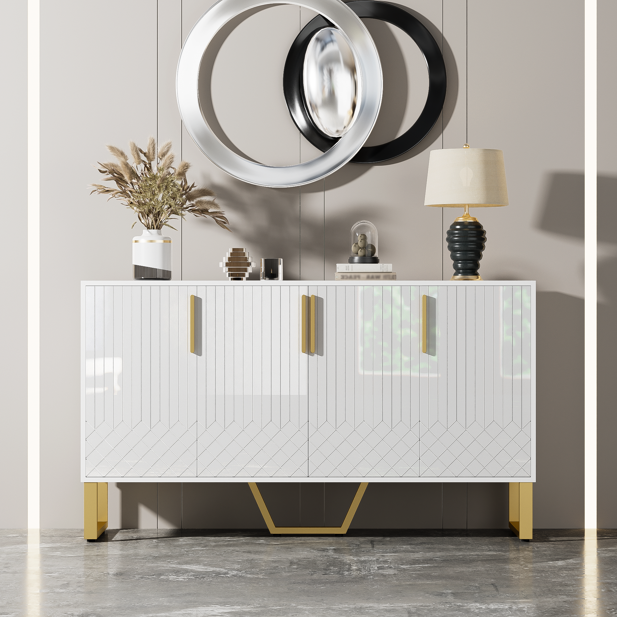 Logidon hoogglans dressoir wit 4 deuren geometrisch ontwerp 140x40x80