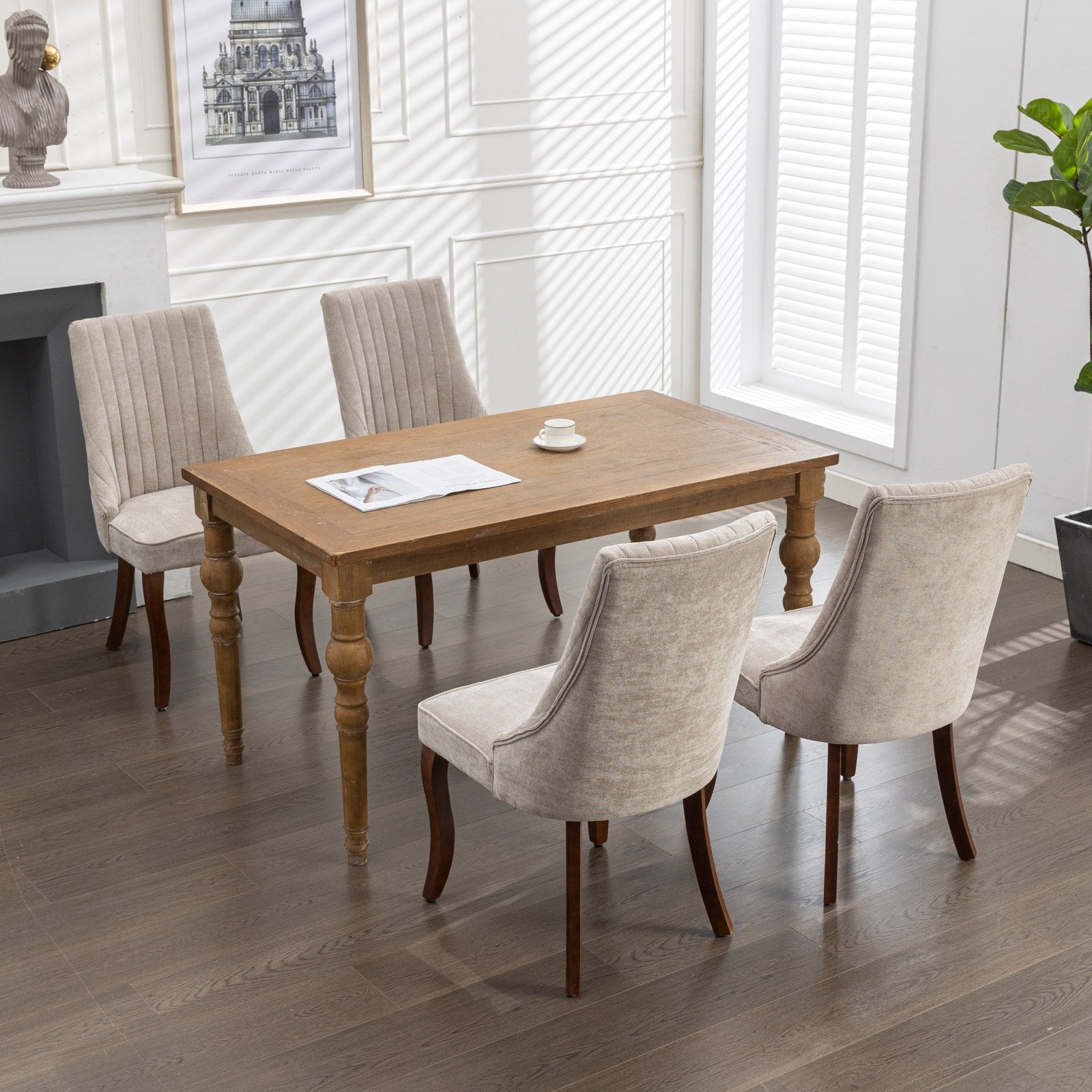 Logidon beige chenille eetkamerstoelen set van 2 massief houten poten