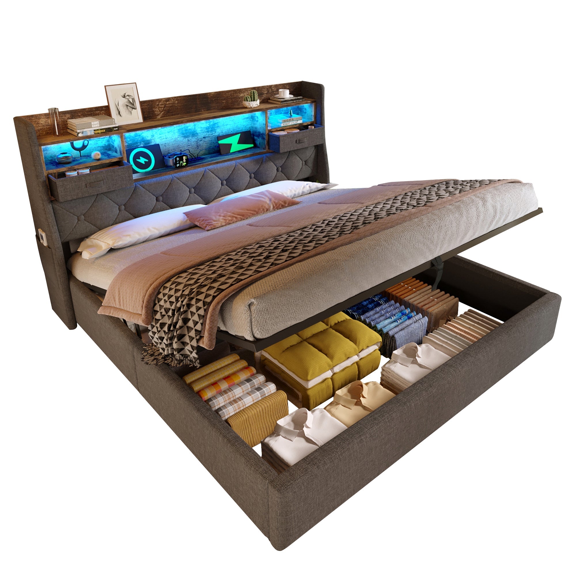 Logidon gestoffeerd bed 160x200 cm met opbergruimte, LED-hoofdbord, USB-C