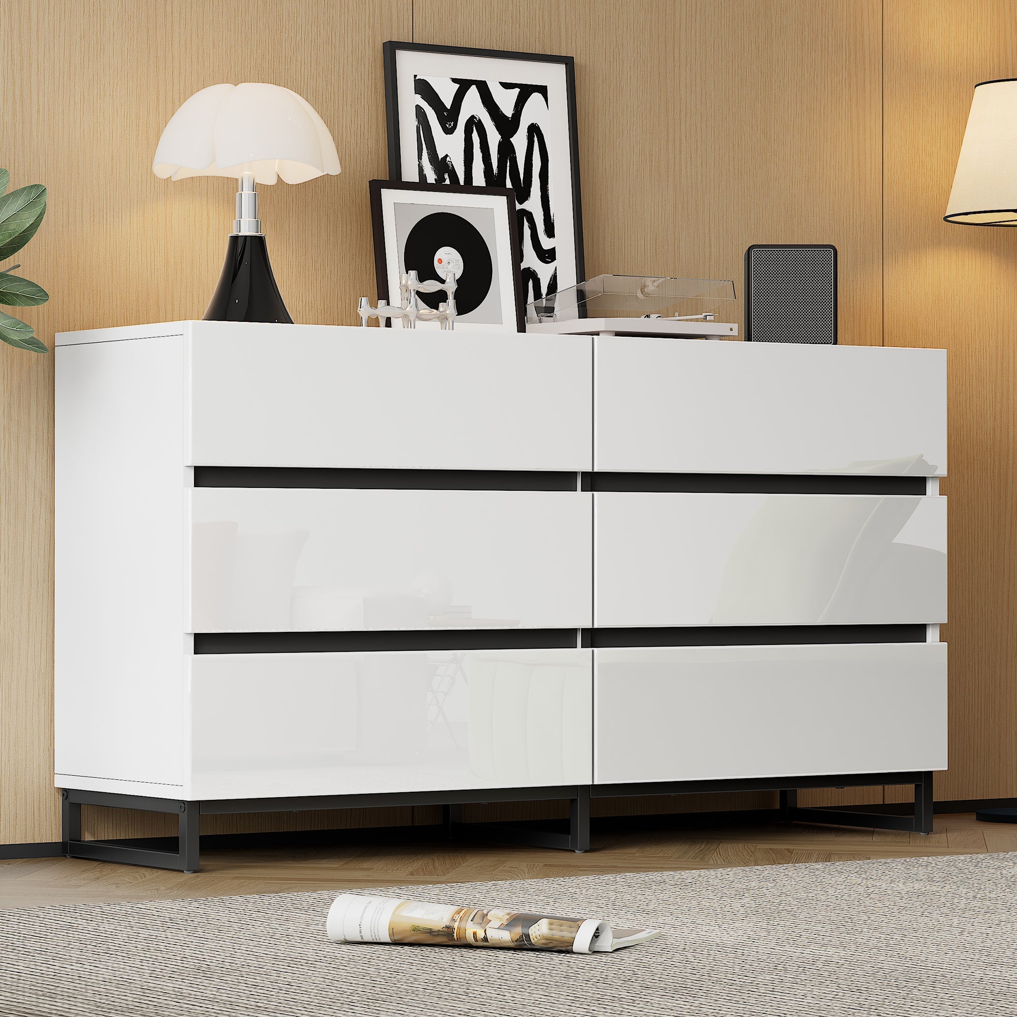 Logidon dressoir 140 cm hoogglans wit zwart met 6 lades