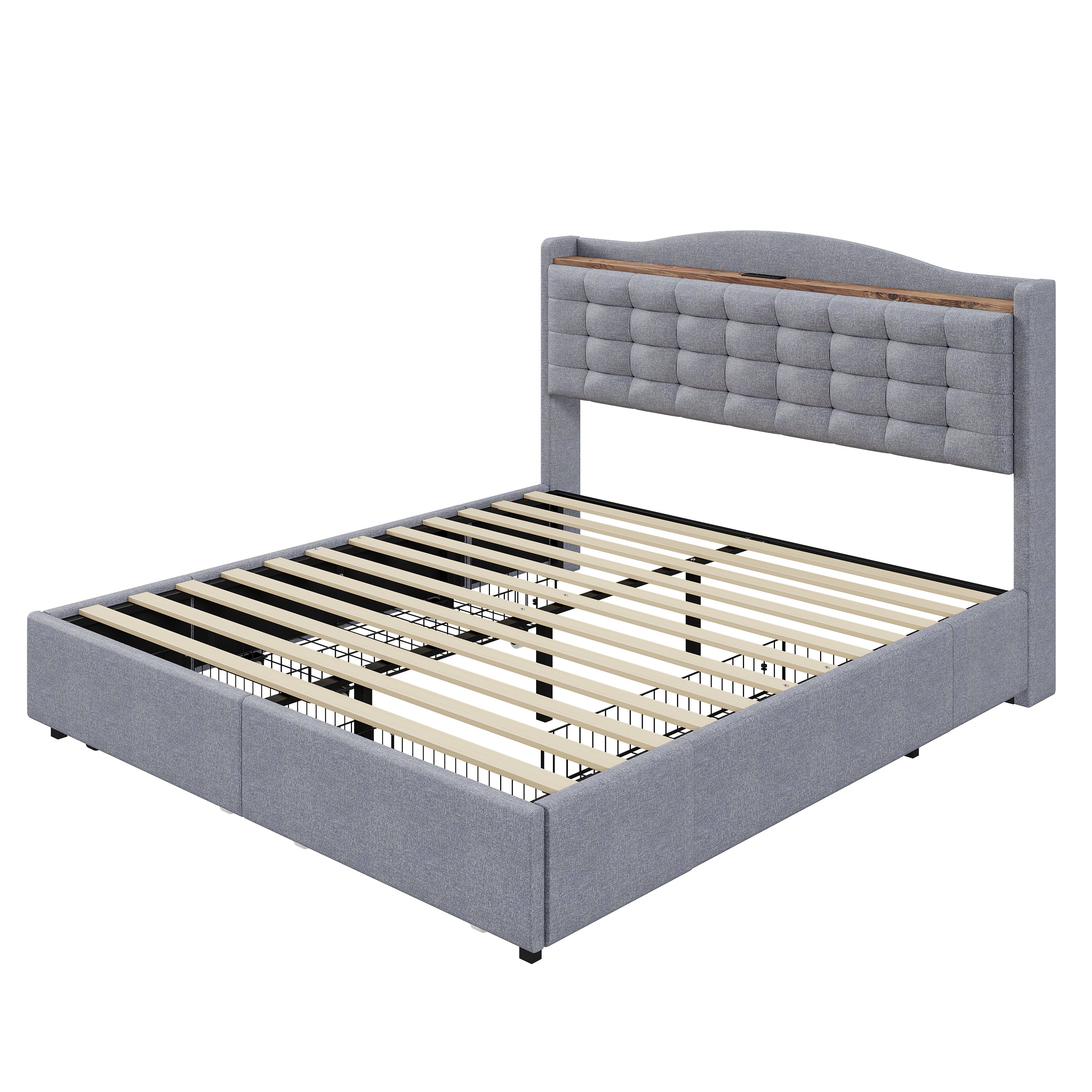 Logidon gestoffeerd bed 140x200 grijs linnen met USB-oplaadpoort