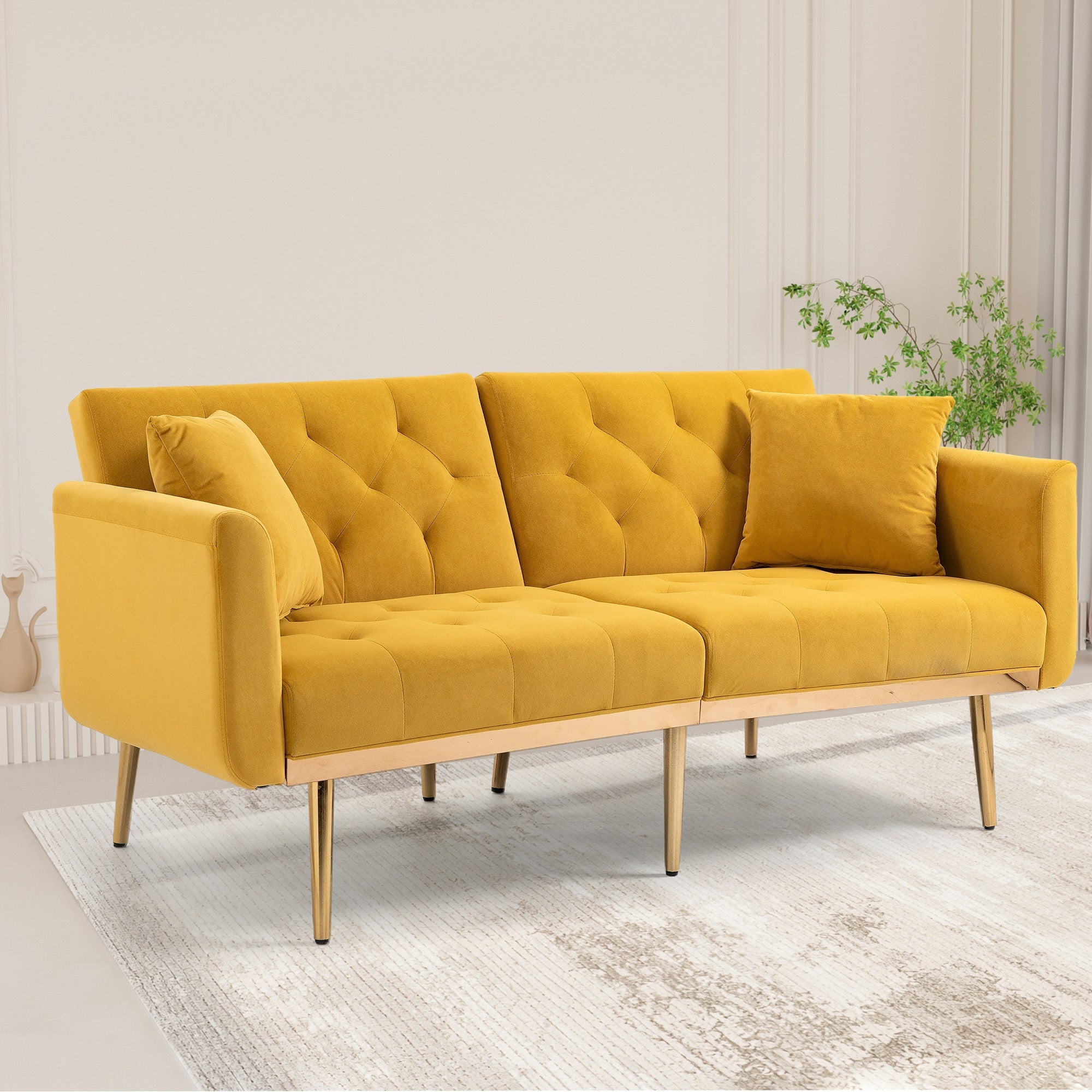 Logidon Luxe 3-zits designbank mosterdgeel fluweel slaapbank 3 posities