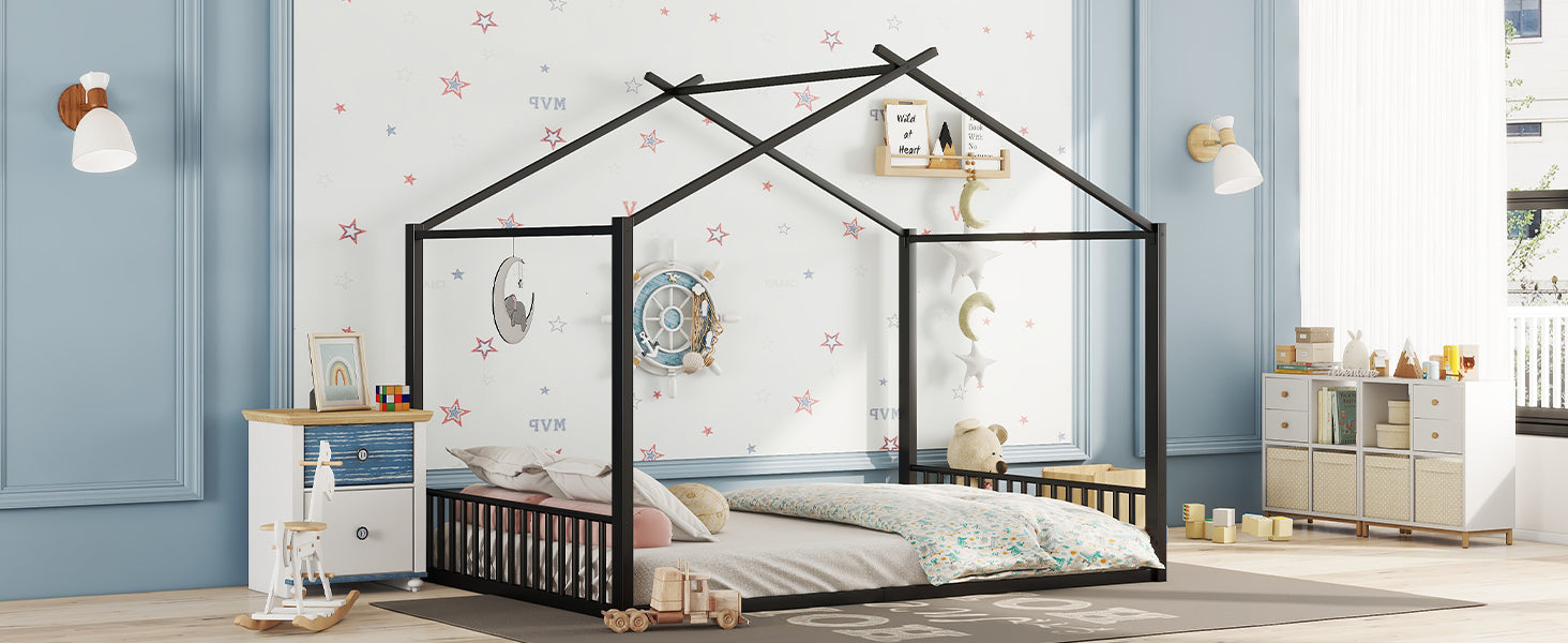 Logidon 140x200cm plat bed huisbed met ijzeren frame zwart