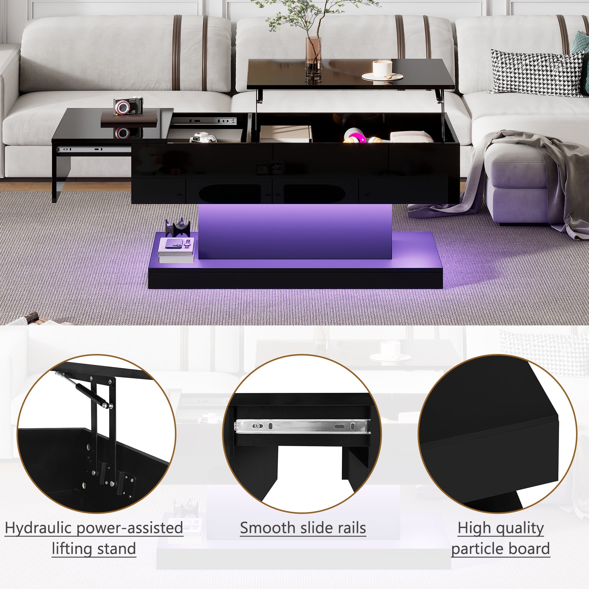 Logidon hoogglans liftsalontafel zwart 100x50x45 cm LED-verlichting